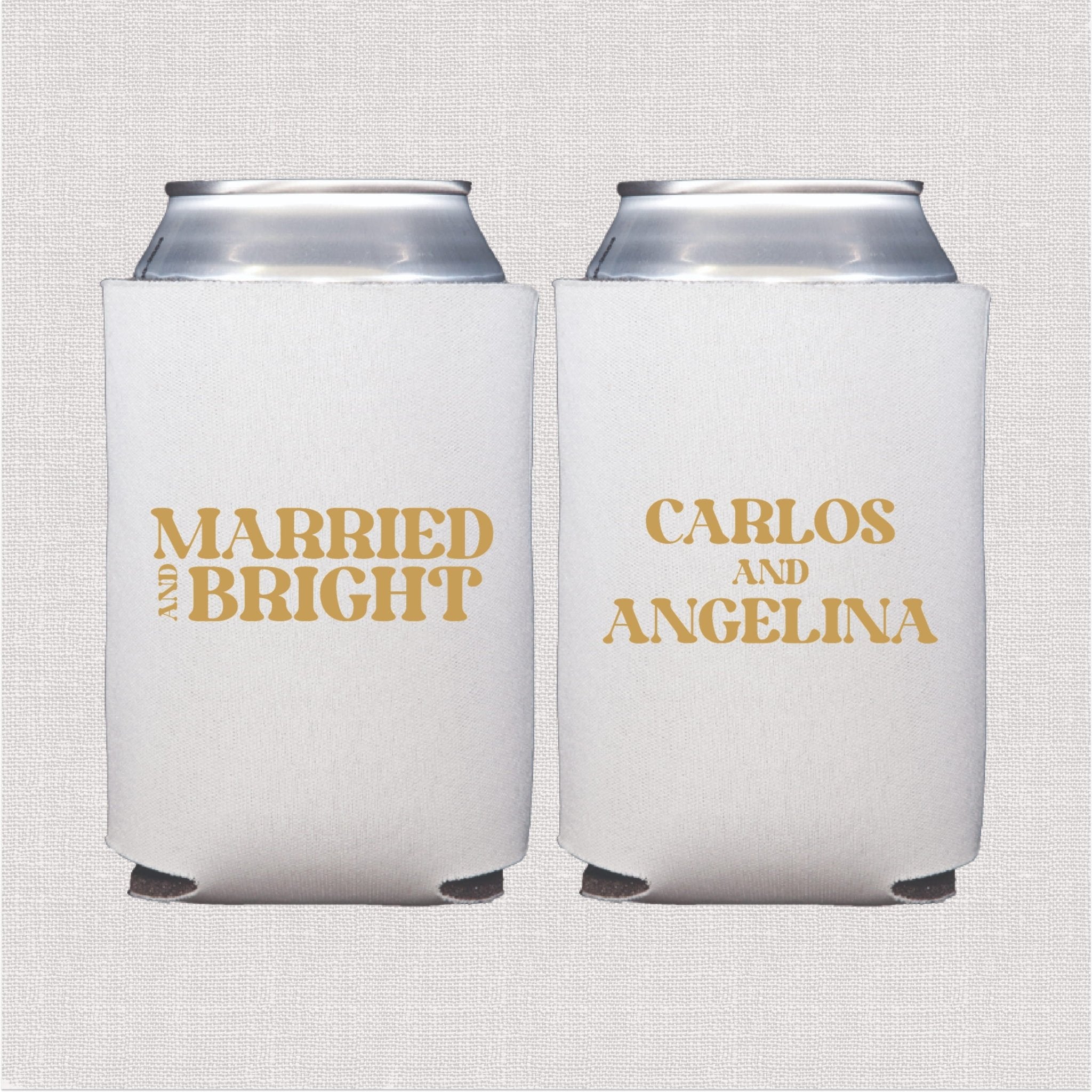 White can coolers with gold foil personalized text wedding text and personalized couple names