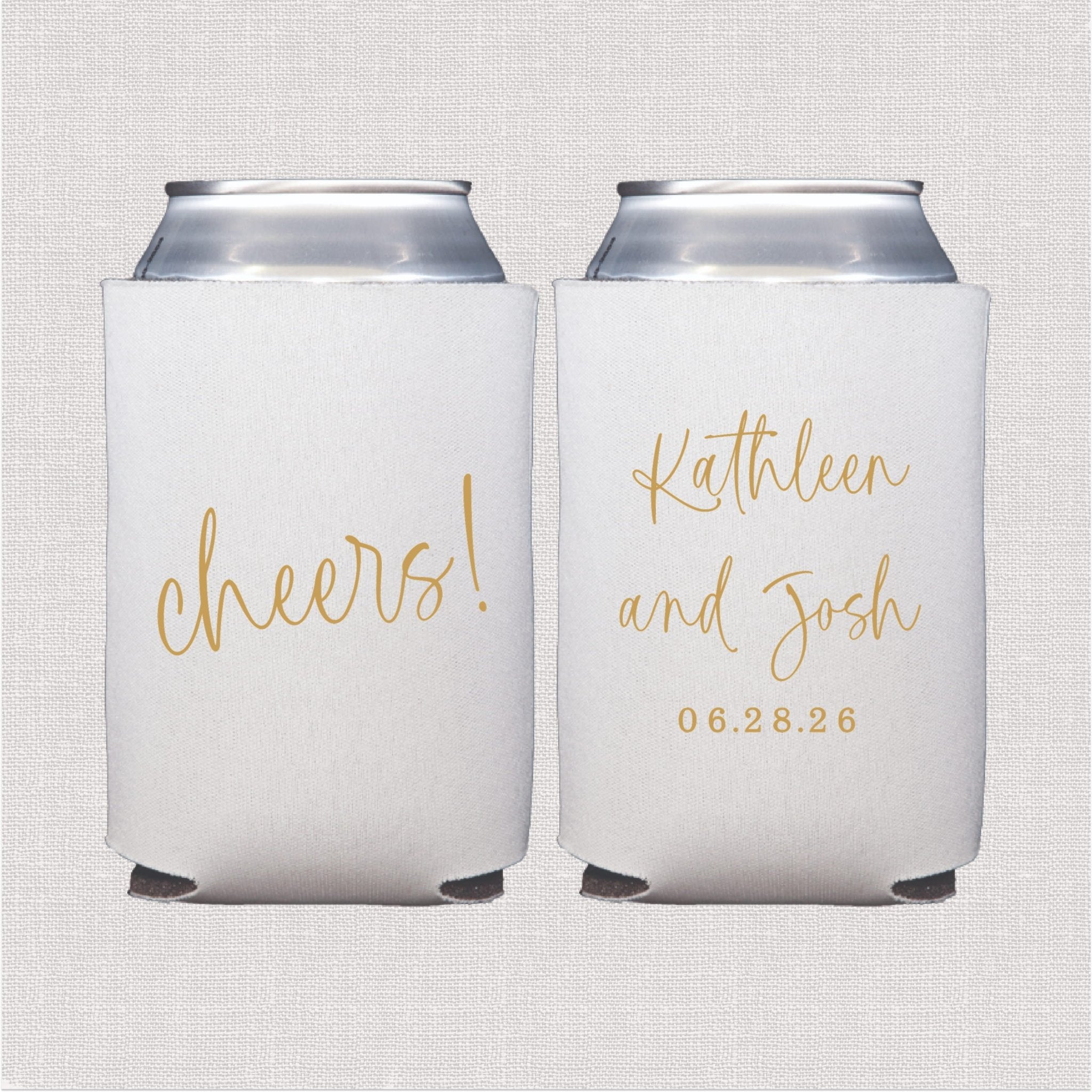 White can cooler with gold script personalized wedding text and date design