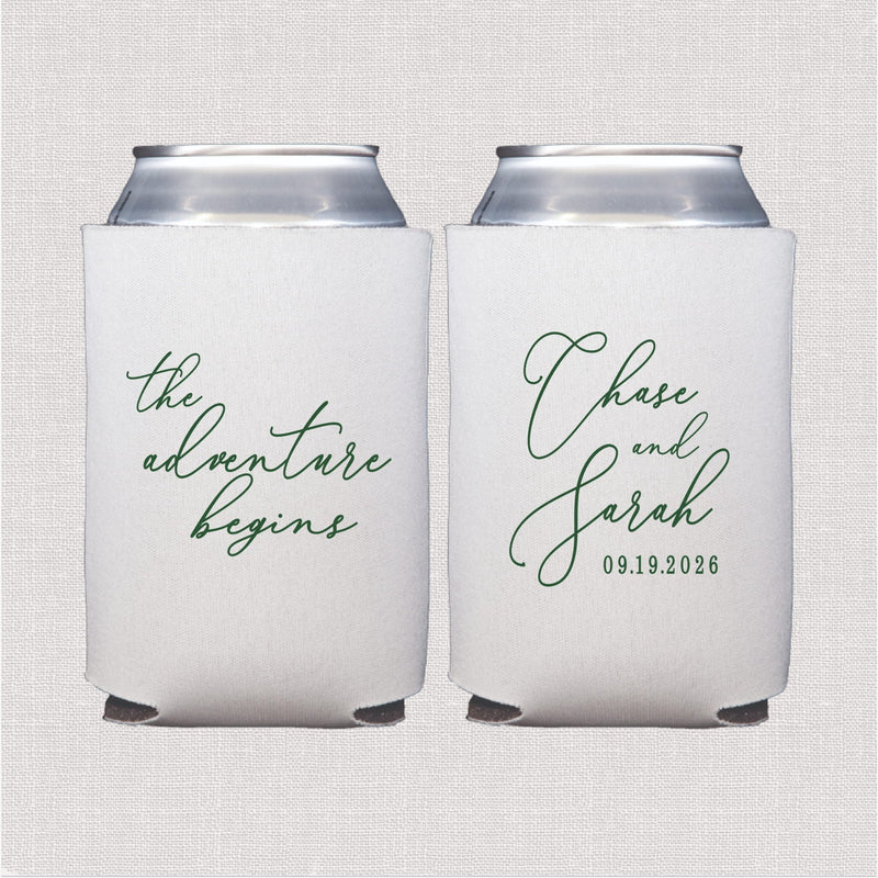 White can coolers with sage green script wedding text and personalized couple names with date