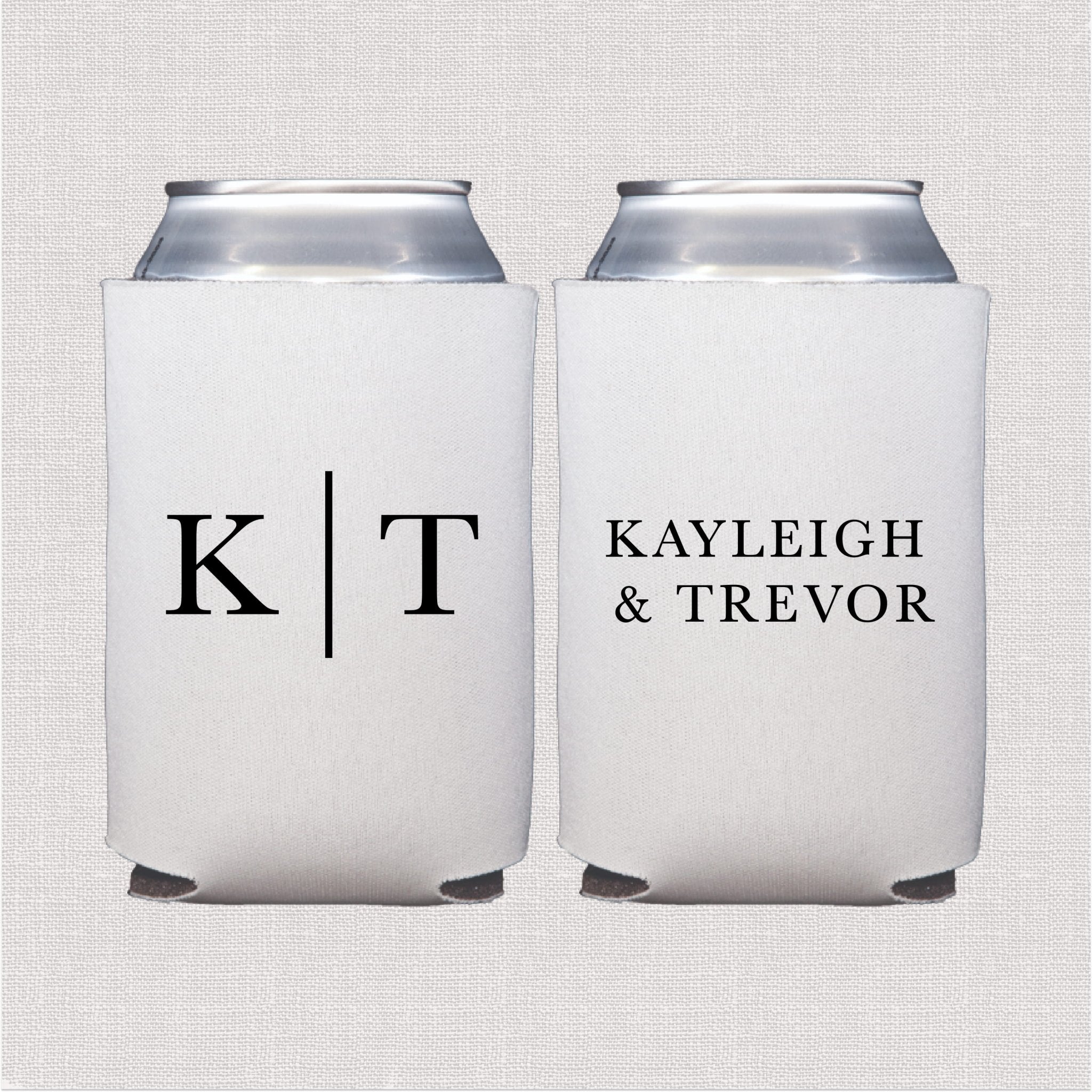 White can cooler with personalized couple initials and names in black serif text design