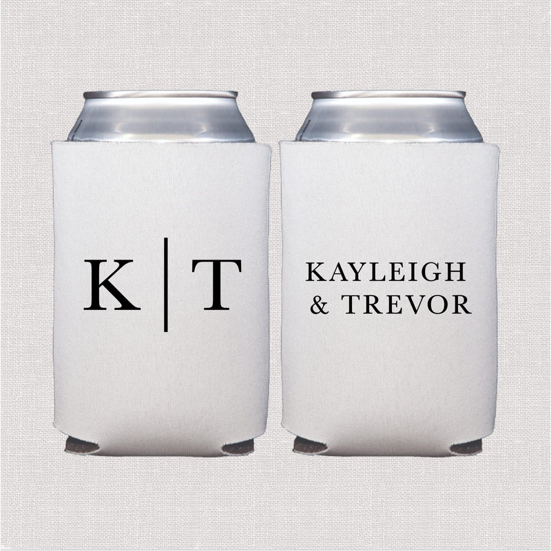 White can cooler with personalized couple initials and names in black serif text design