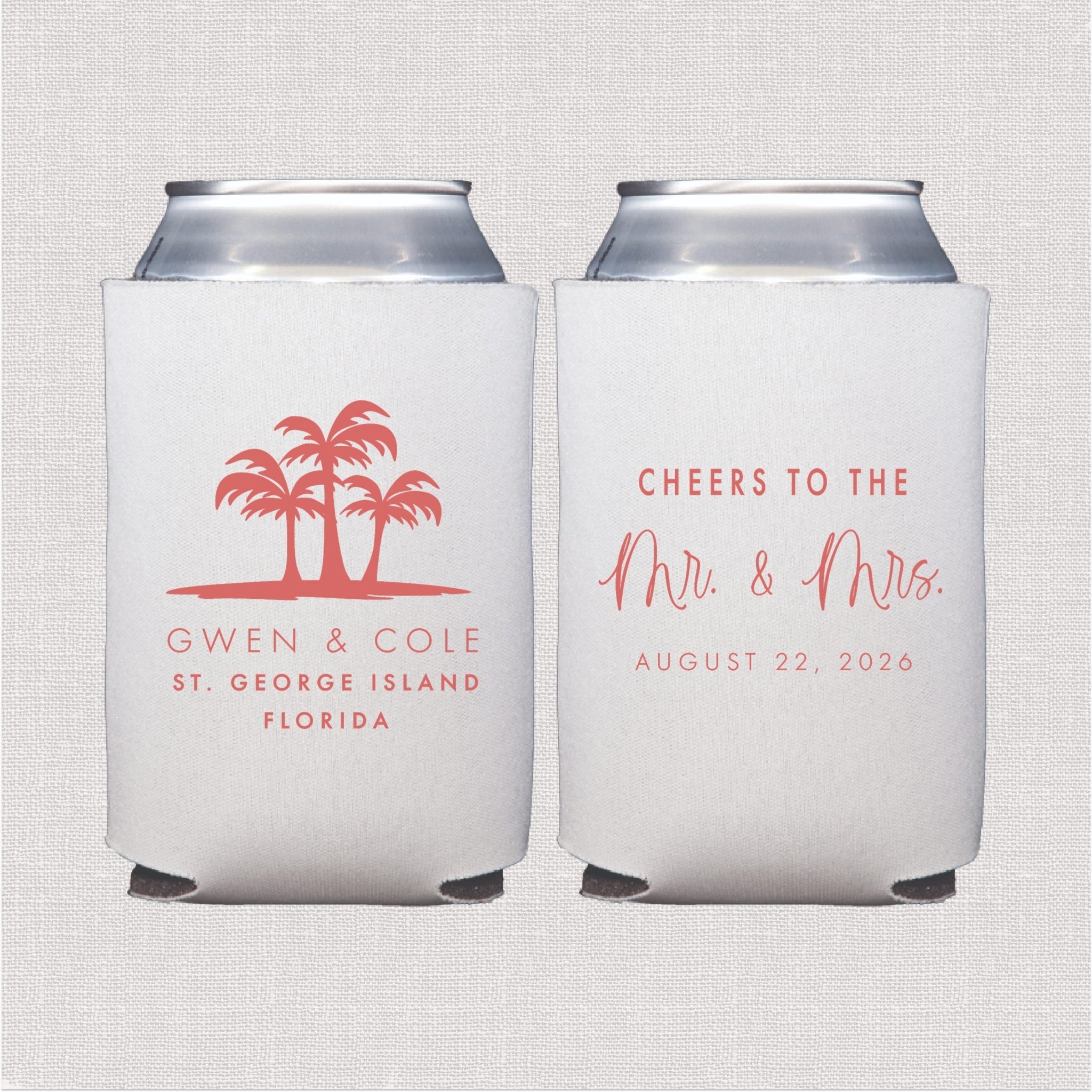 White can cooler with coral palm tree and personalized wedding text design