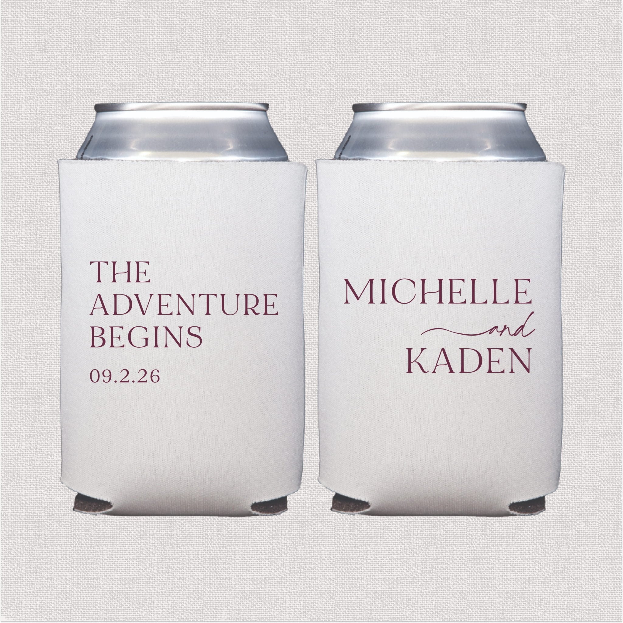 White can coolers with personalized wedding text and couple names in purple script design