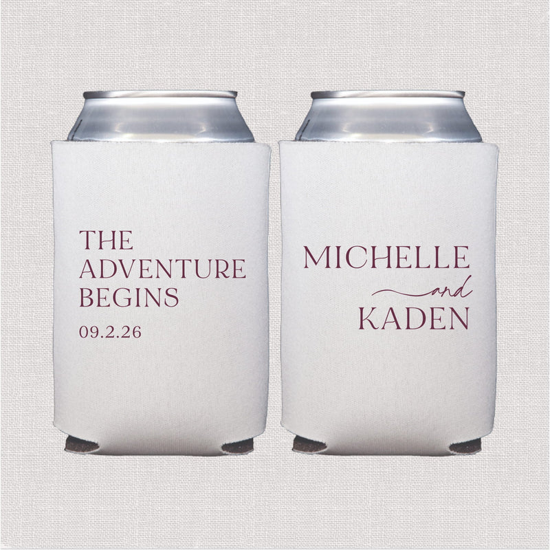 White can coolers with personalized wedding text and couple names in purple script design