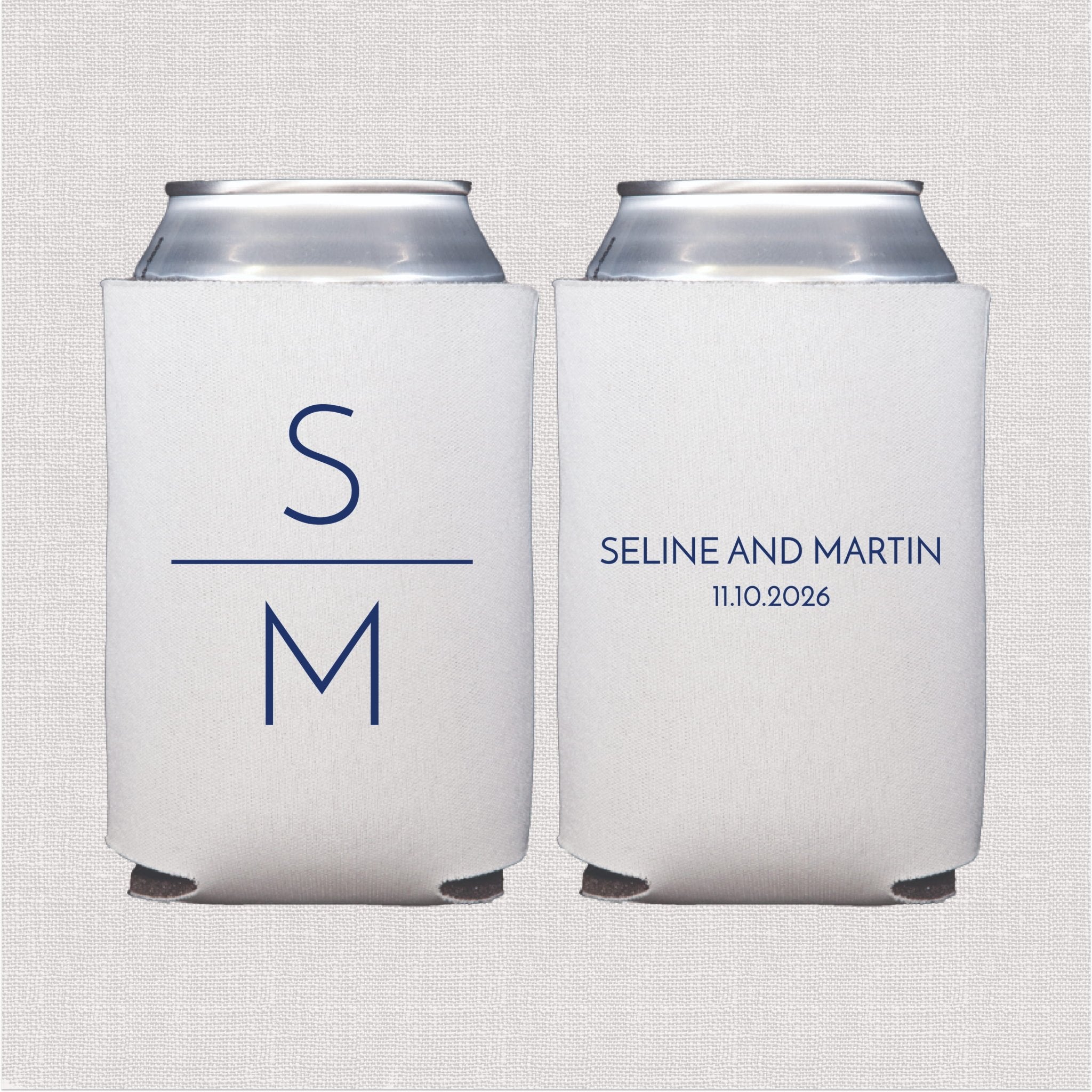 White can cooler with monogram design and personalized wedding text in navy blue script