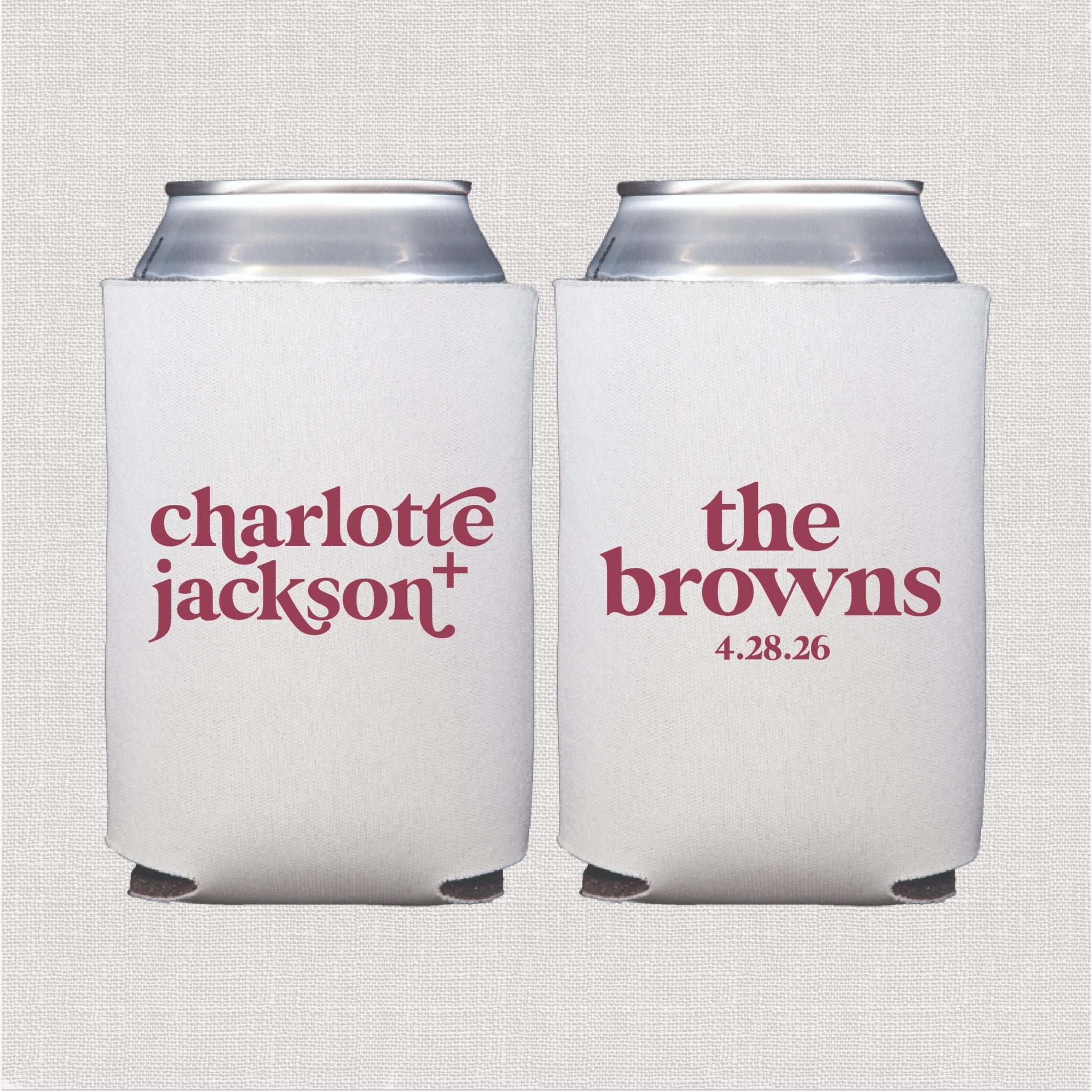 White can cooler with burgundy personalized wedding text and date design