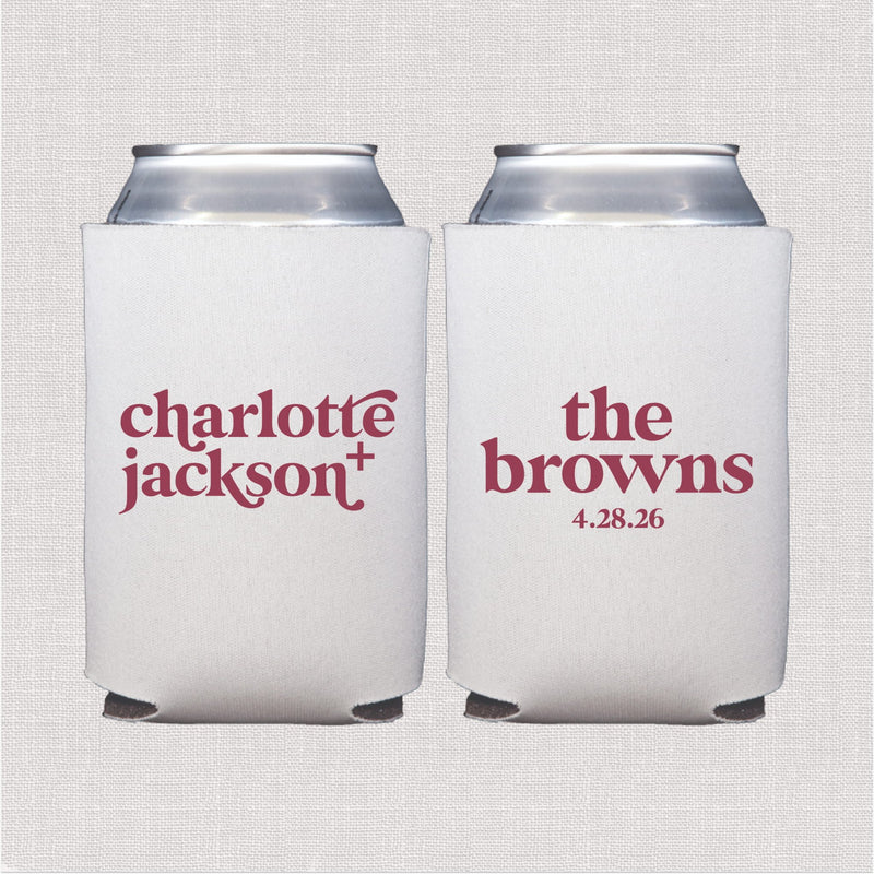 White can cooler with burgundy personalized wedding text and date design