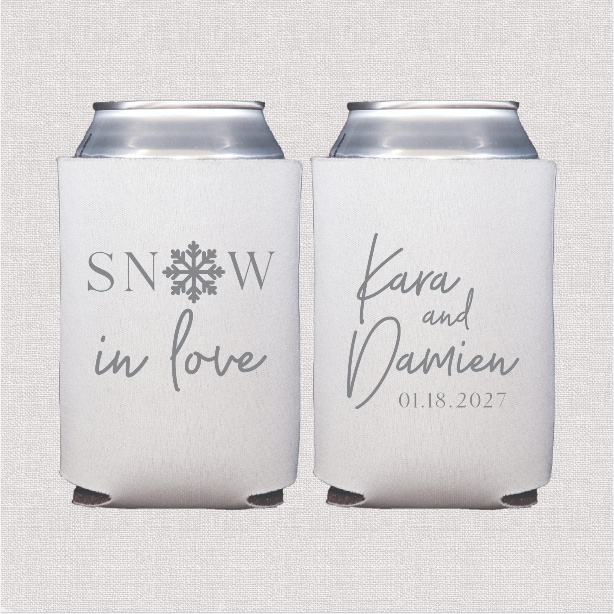 White can cooler with snowflake and script wedding text design in gray foil print