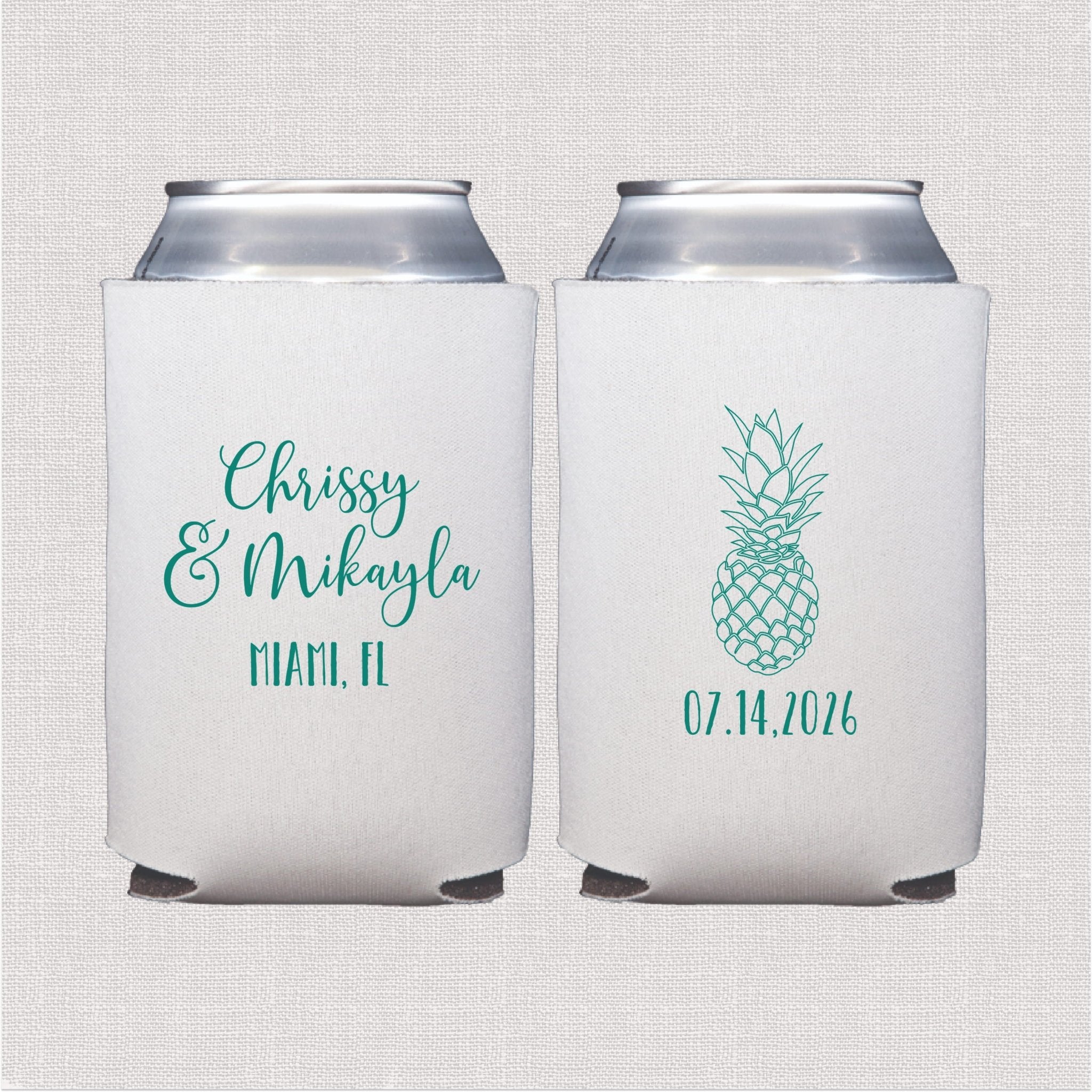White can cooler with teal pineapple and personalized wedding text design