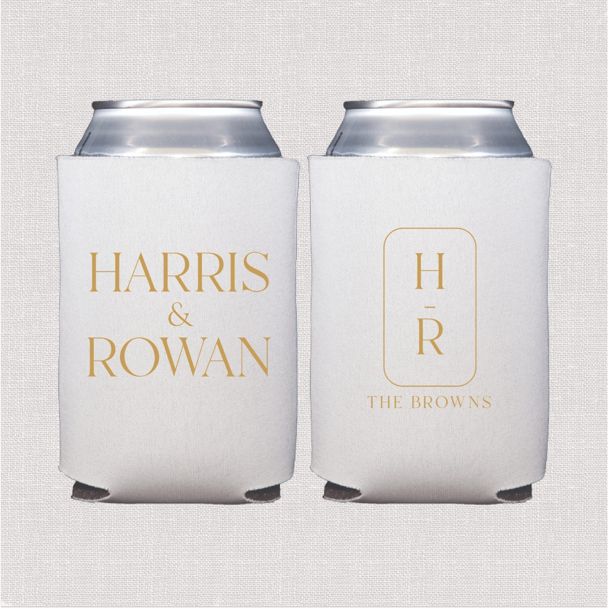 White can cooler with gold foil personalized couple names and monogram design