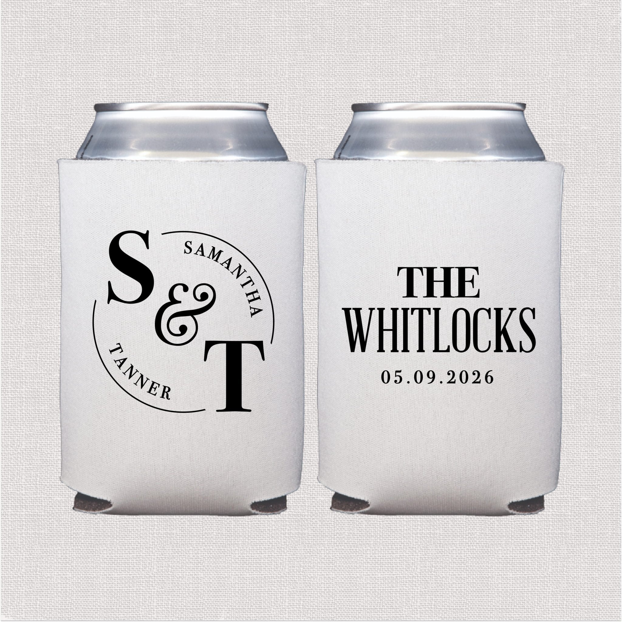 White can cooler with monogram initials in circular wreath design and personalized wedding text on reverse side