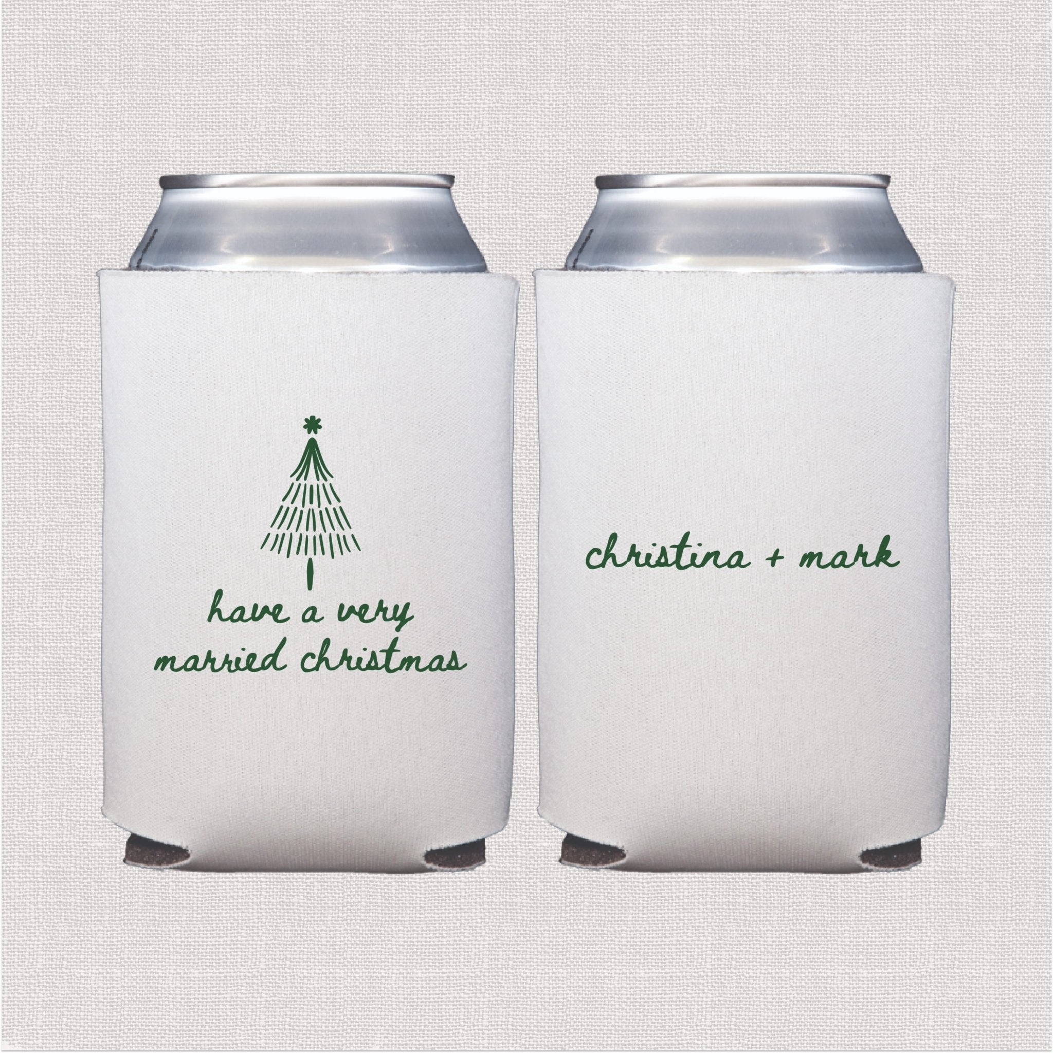 White can cooler with green Christmas tree and personalized wedding text design