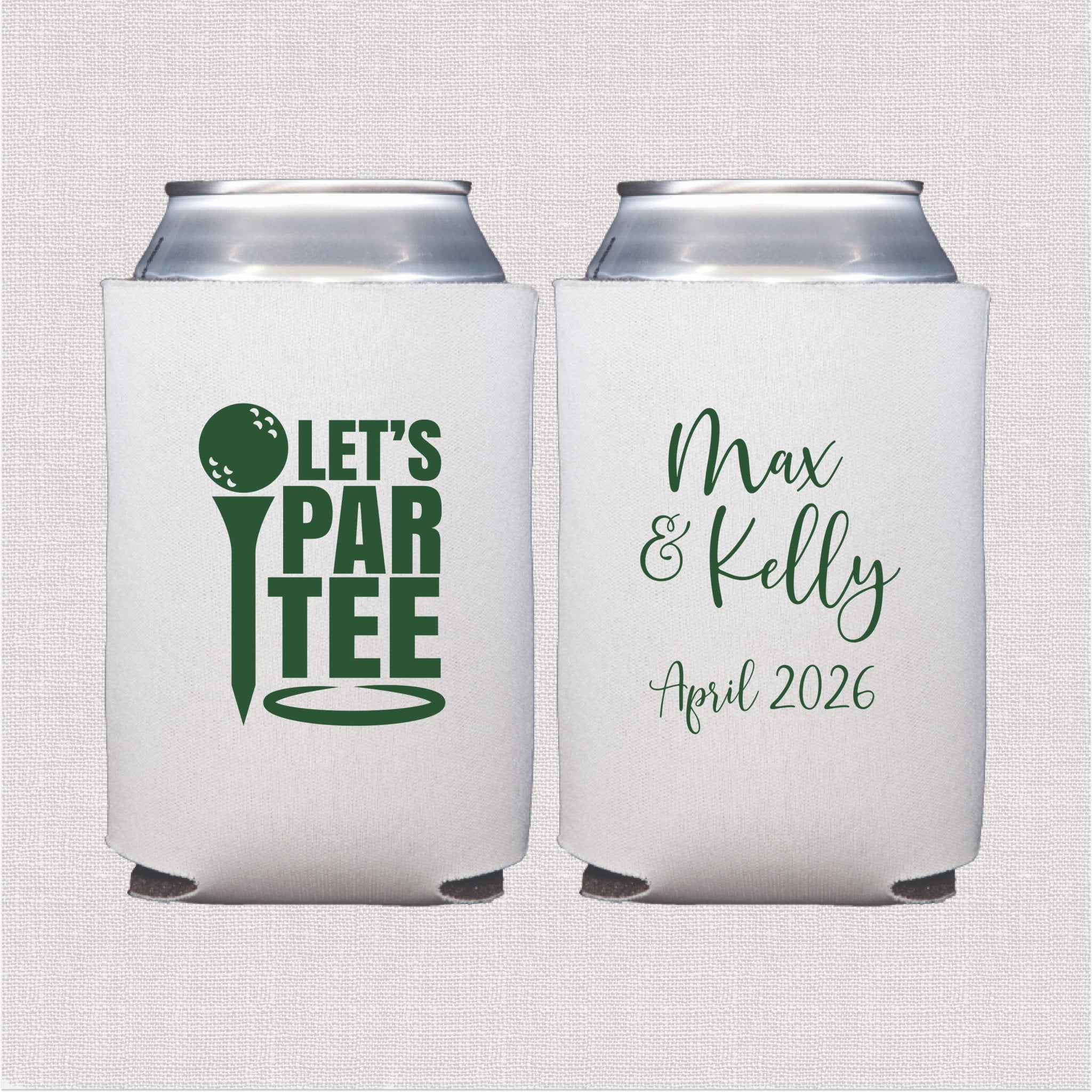 White can cooler with golf tee design and personalized wedding text in green print