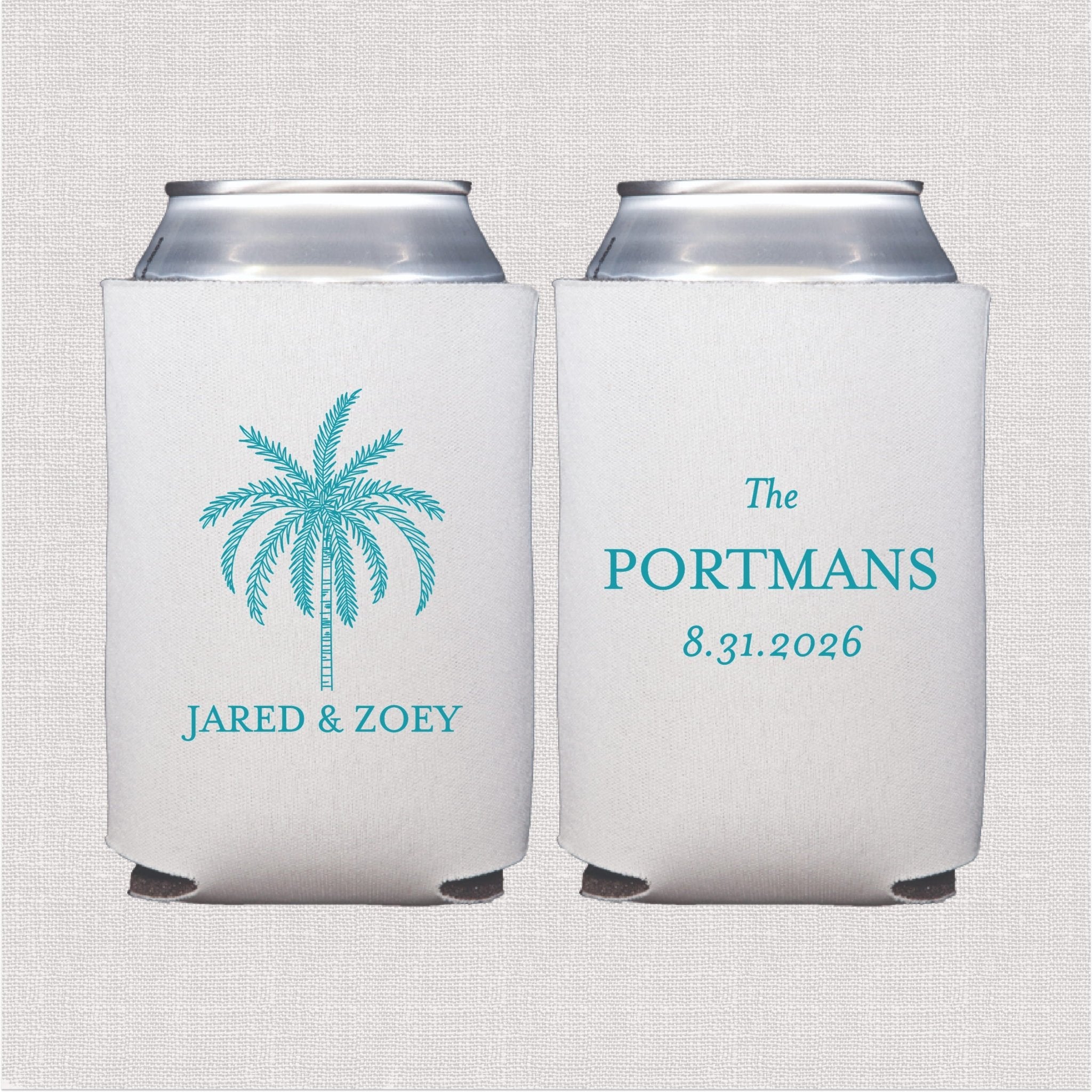 White can cooler with turquoise palm tree and personalized wedding text design