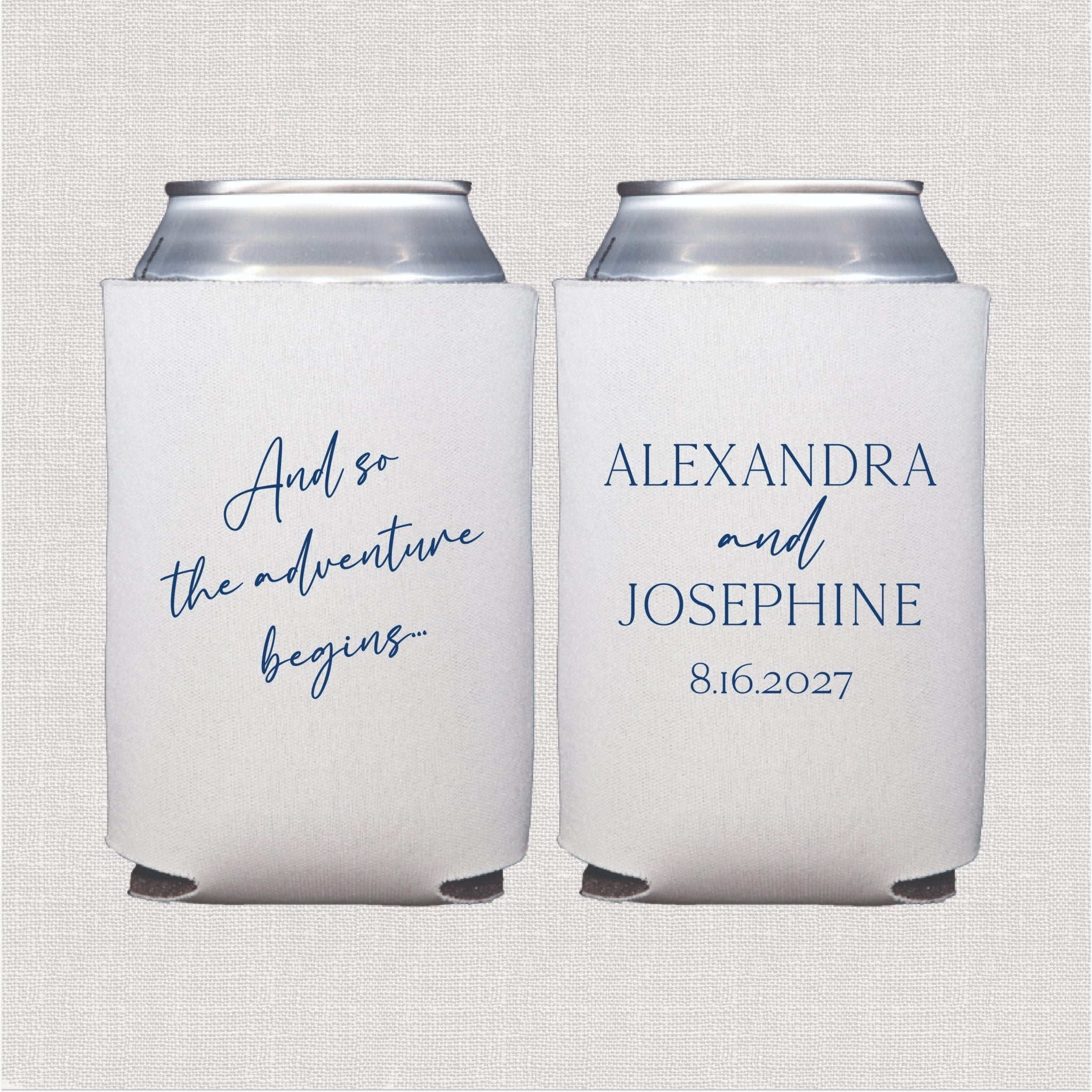 White can cooler with blue script wedding text and personalized couple names with date