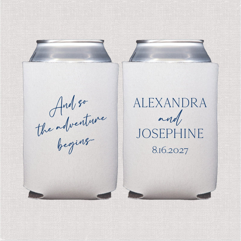 White can cooler with blue script wedding text and personalized couple names with date