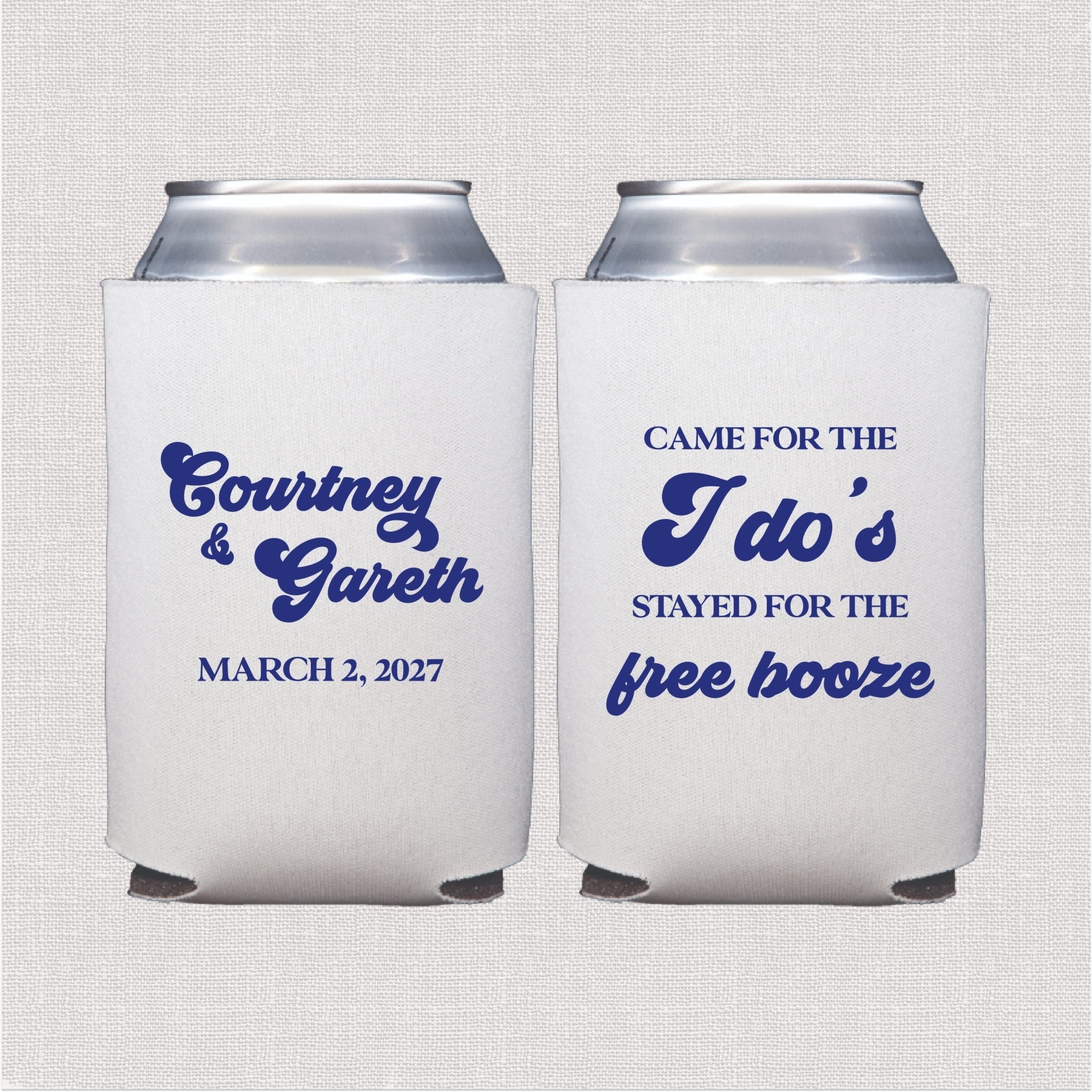 White can cooler with blue script wedding text and personalized couple names with date