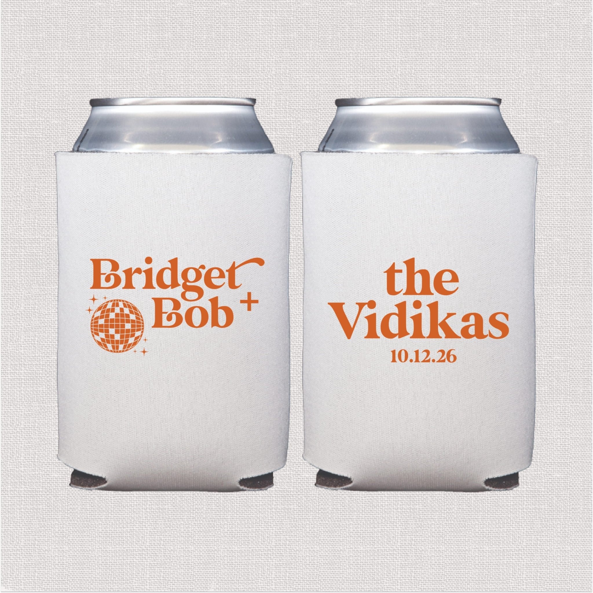 White can cooler with coral disco ball and personalized wedding text design