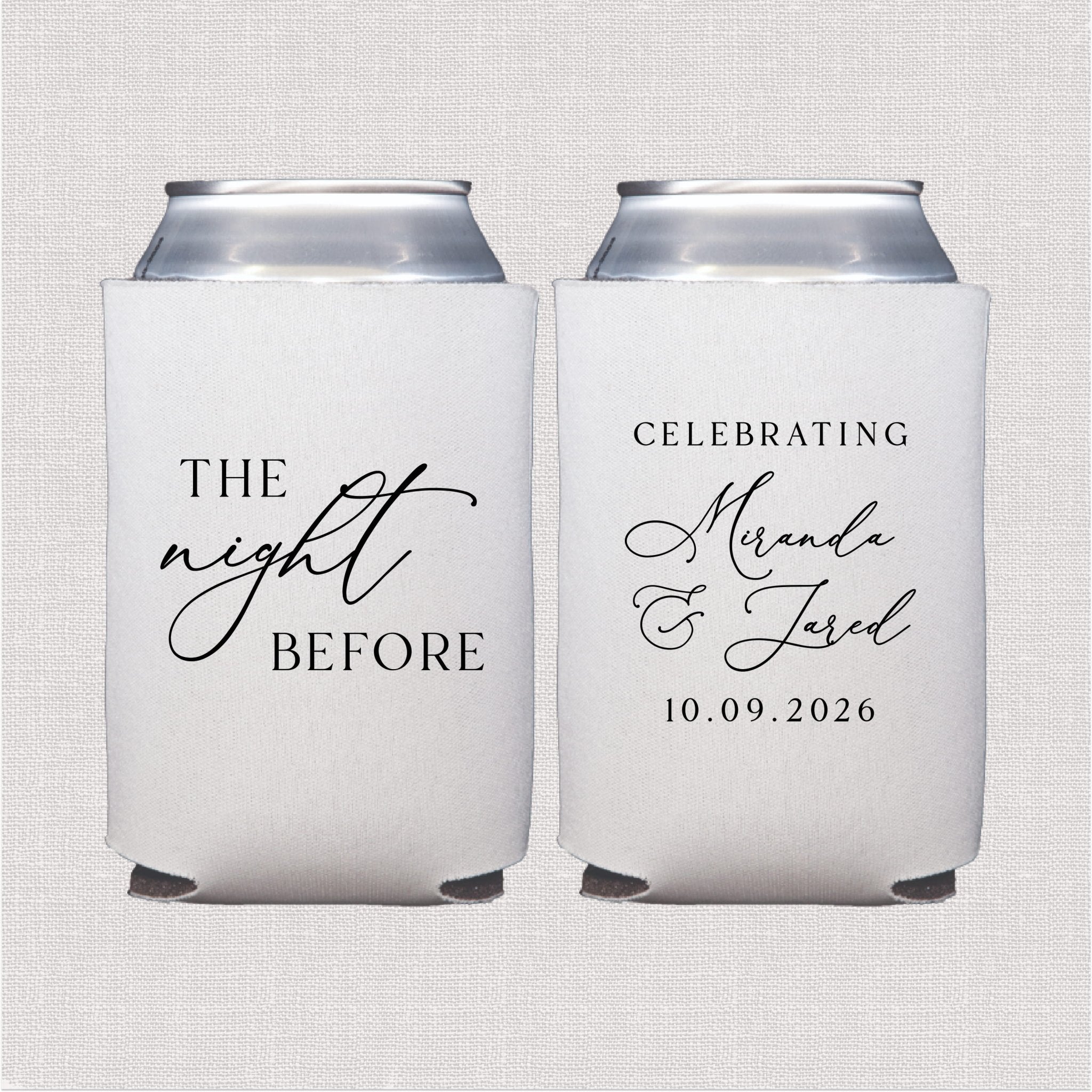 White can coolers with script wedding text design and personalized couple names and date