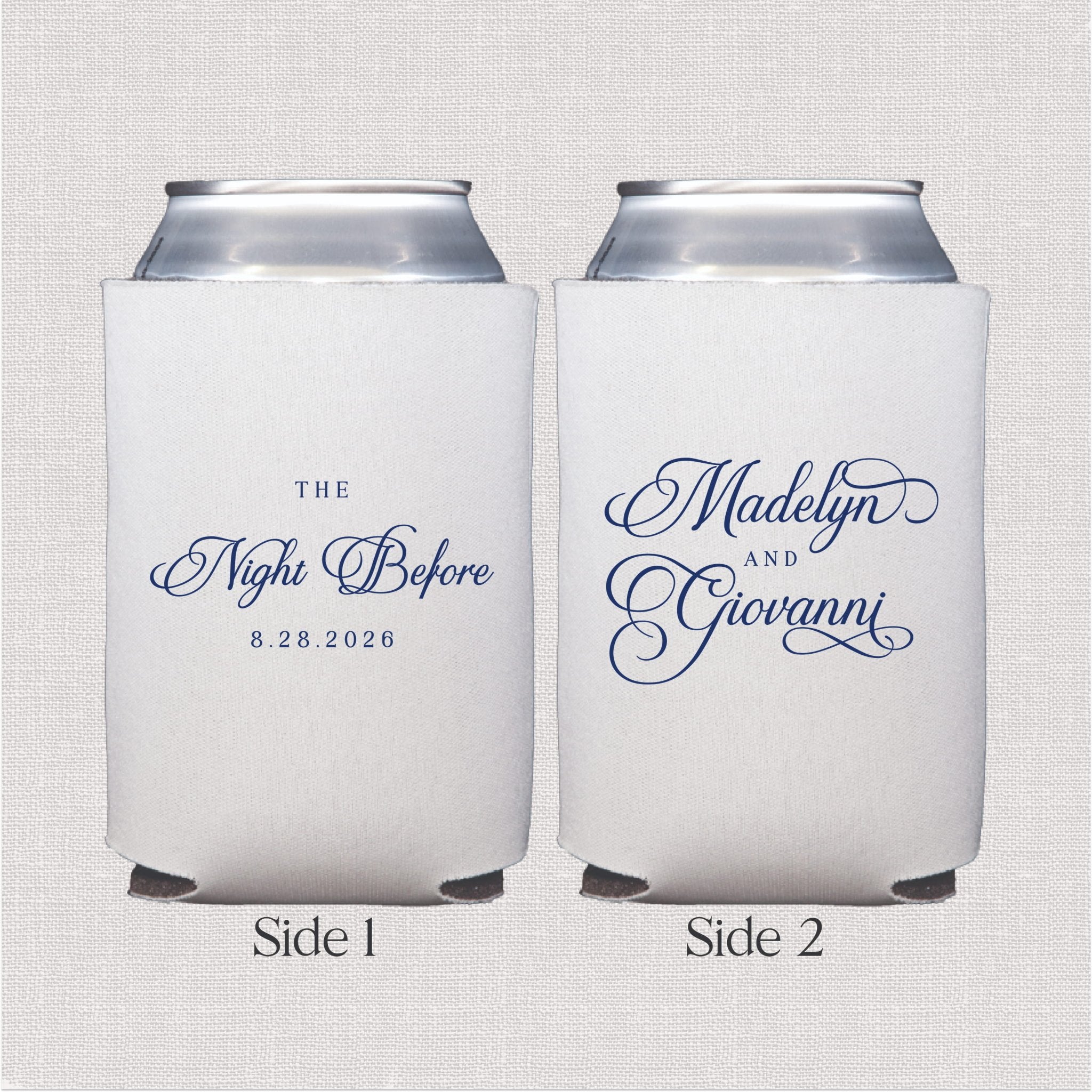 White can cooler with navy script wedding text and date on both sides