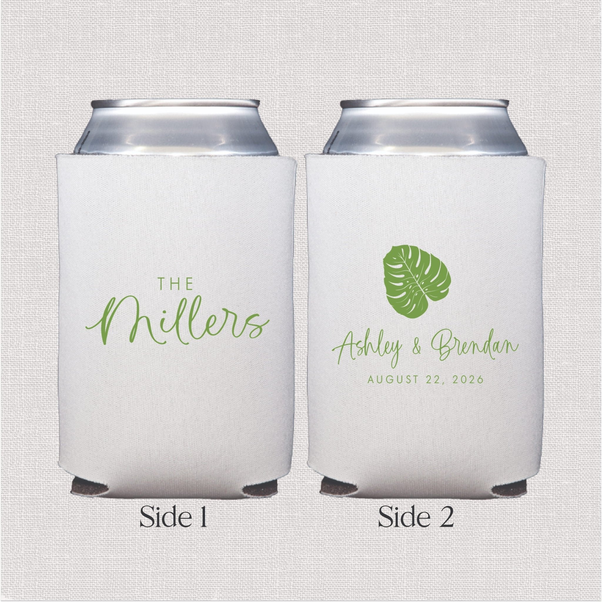 White can cooler with tropical leaf design and personalized wedding text in sage green script
