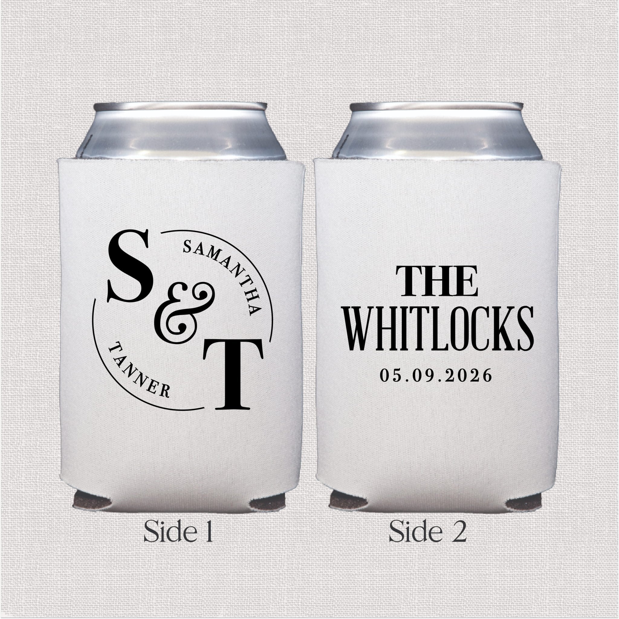 White can cooler with personalized monogram initials and wedding date on reverse side