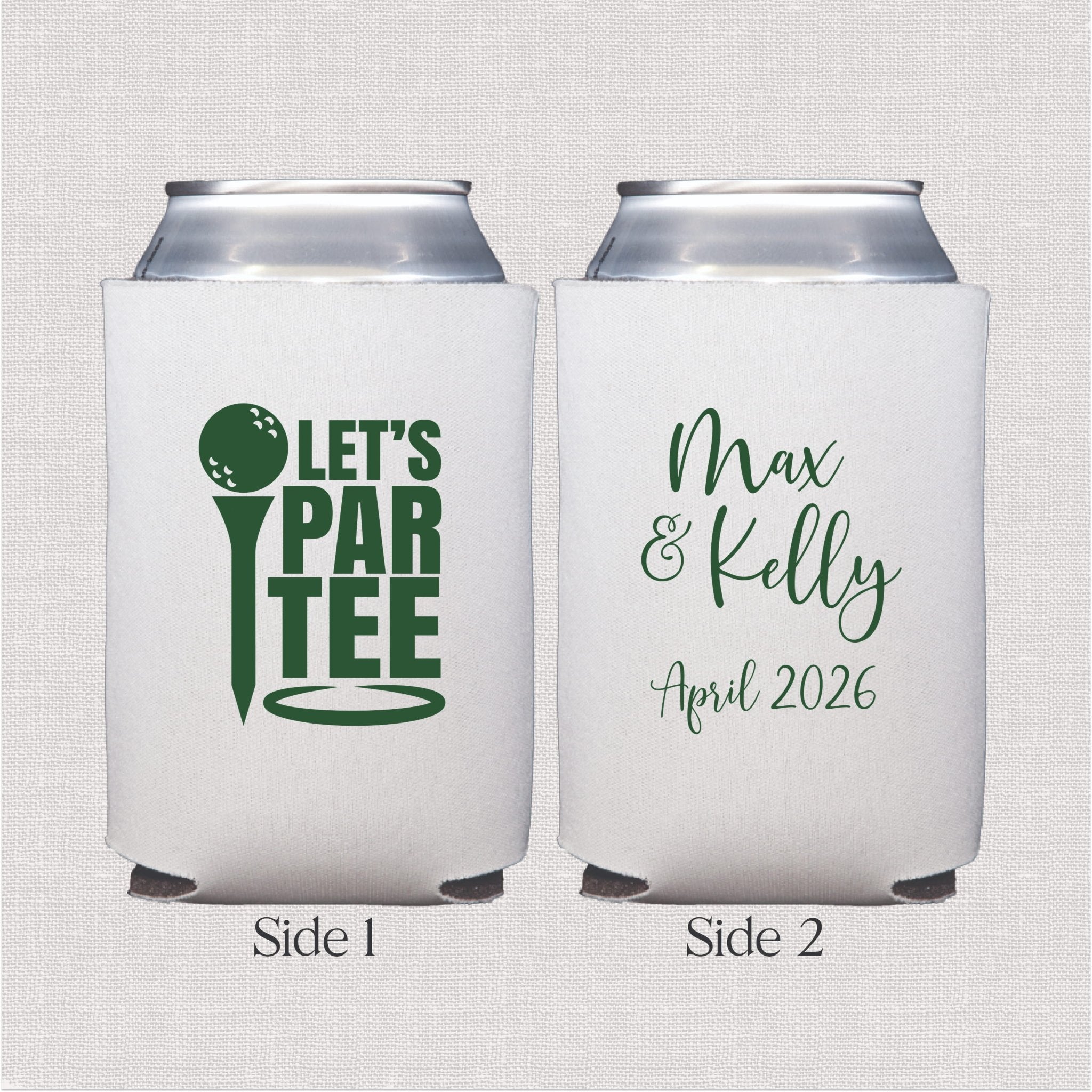 White can cooler with golf tee design and personalized couple names with wedding date in green script