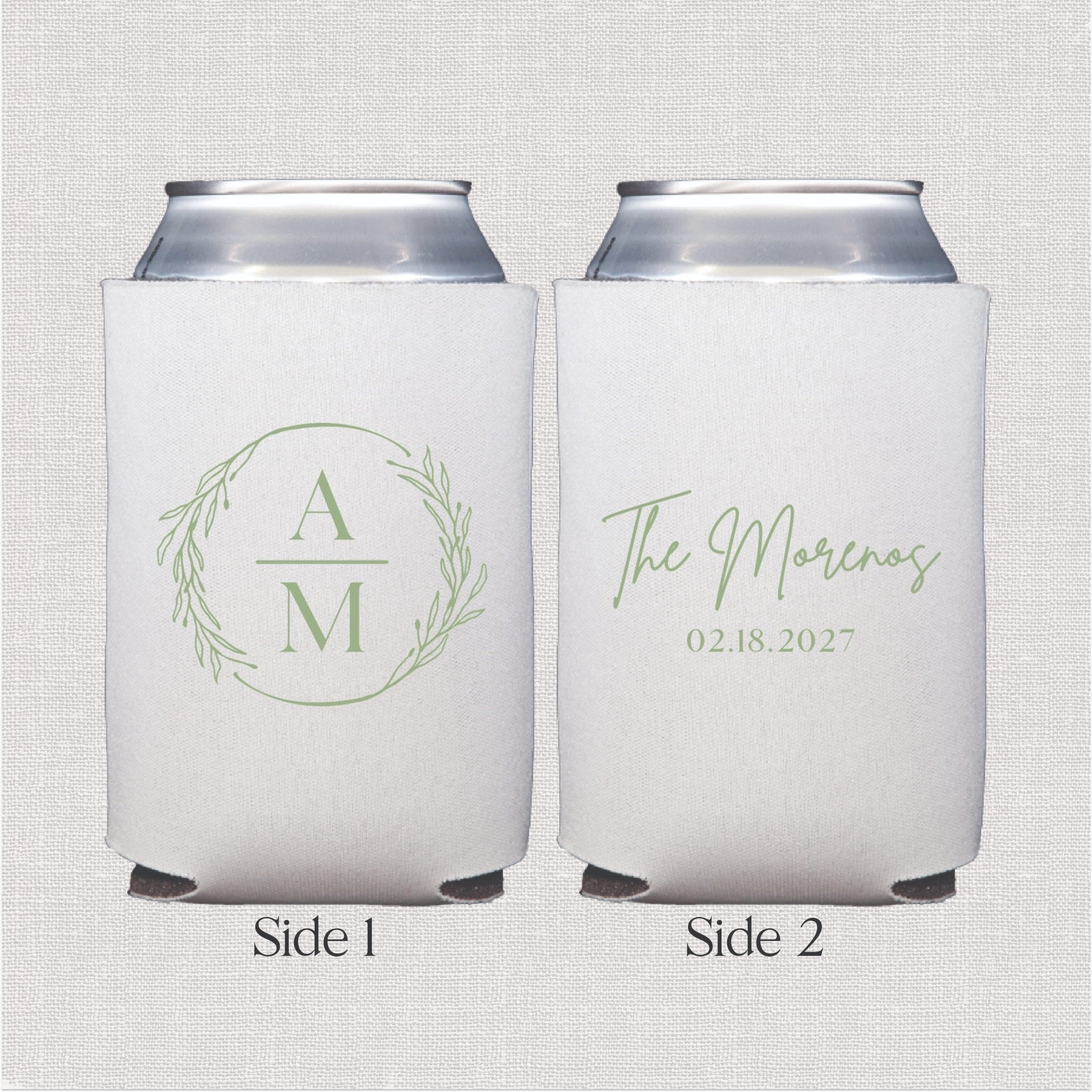 White can cooler with sage green monogram wreath design and personalized wedding text