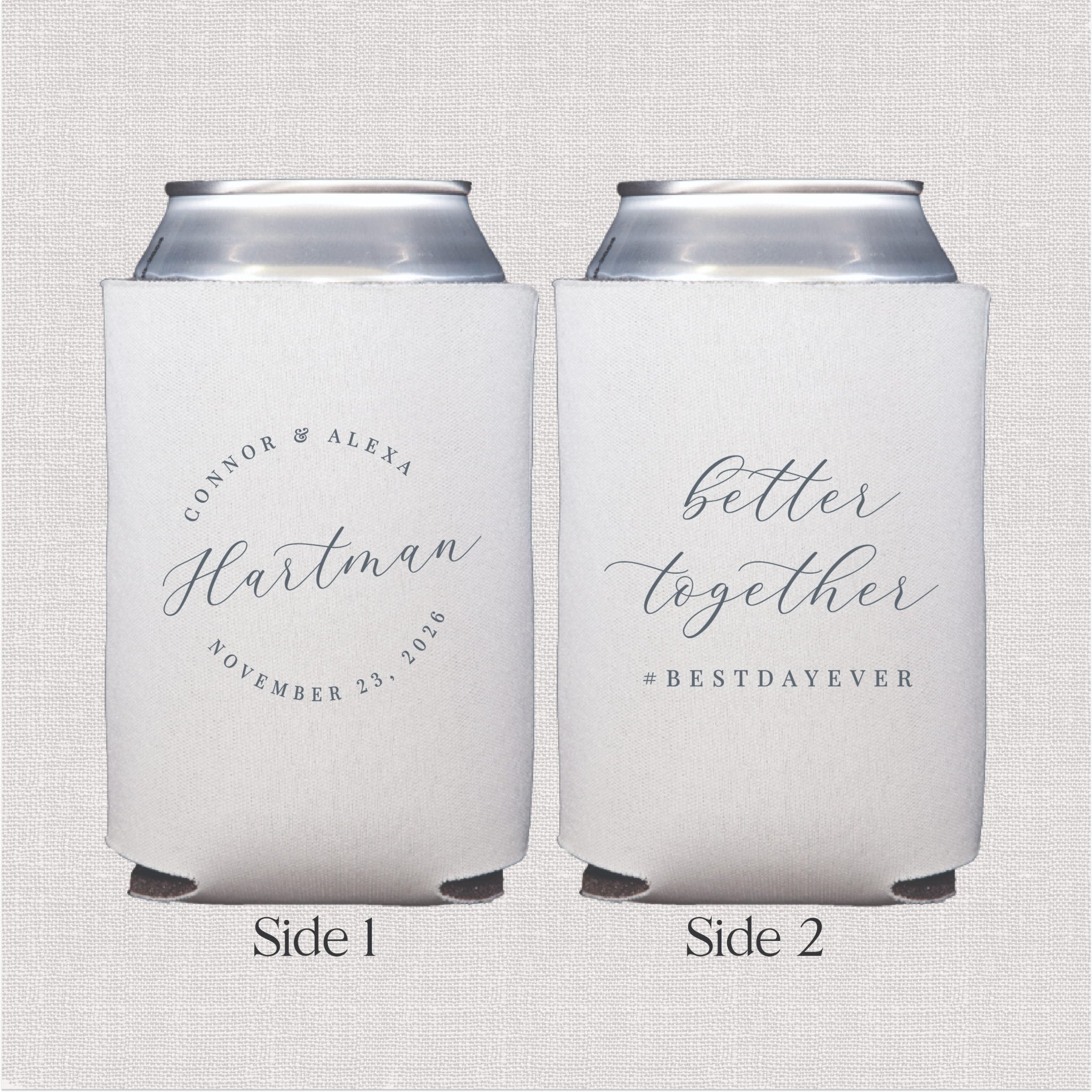 White can cooler with personalized wedding text in script font on both sides