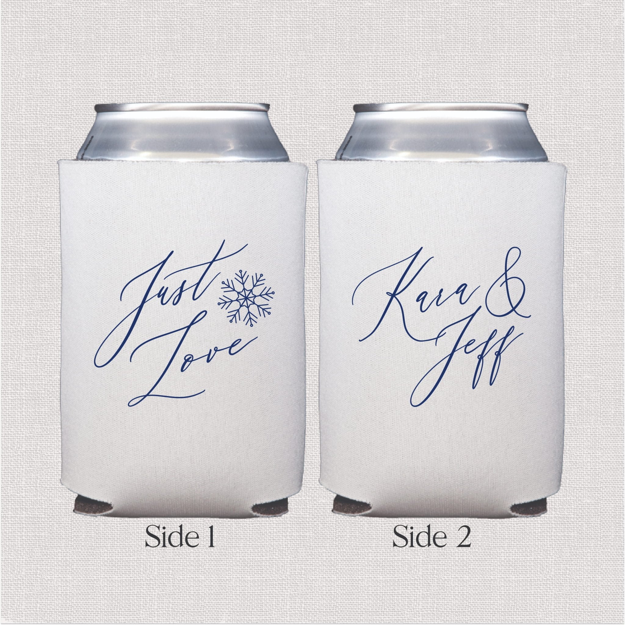White can cooler with navy script personalized wedding text and snowflake design, two-sided print