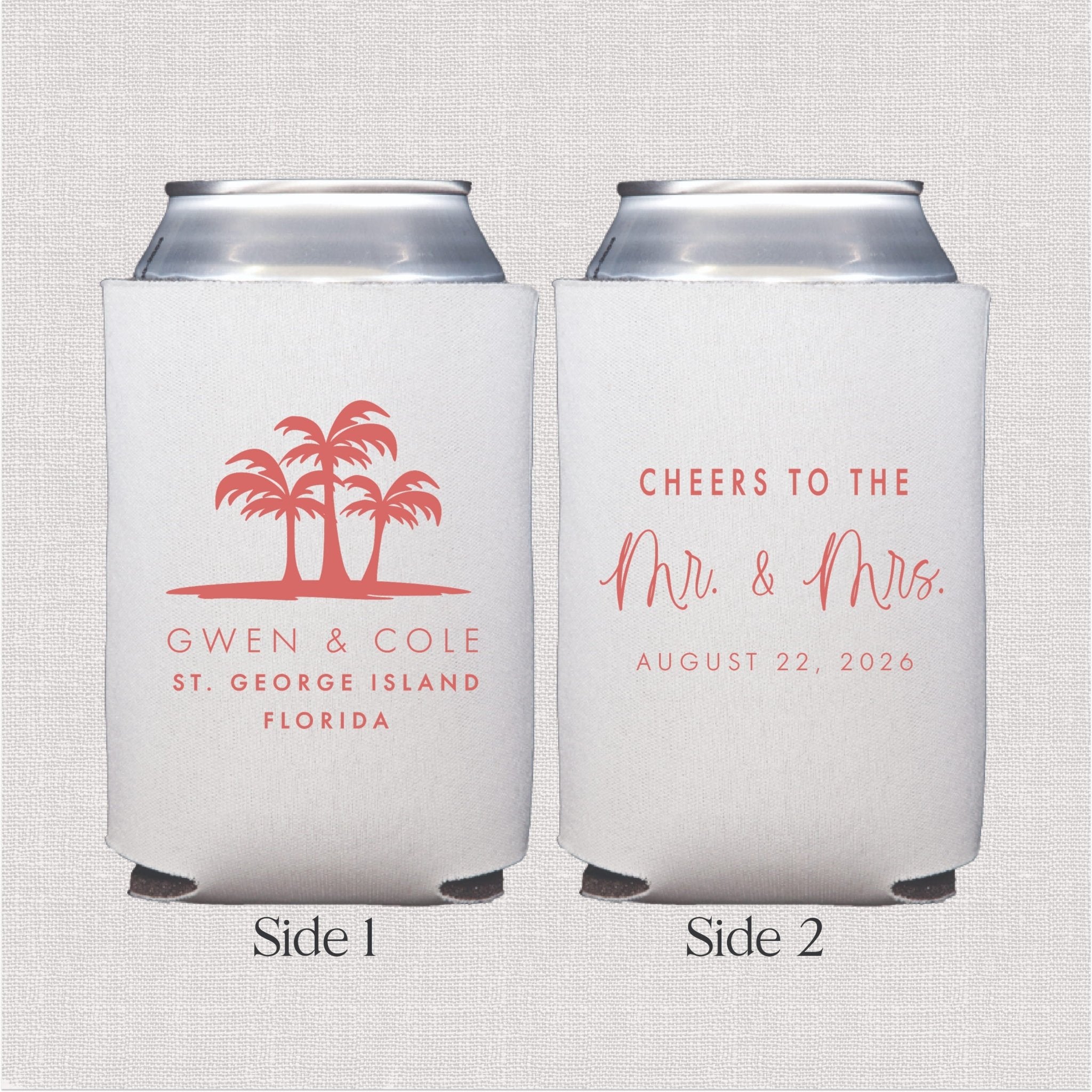 White can cooler with coral palm tree and personalized wedding text design