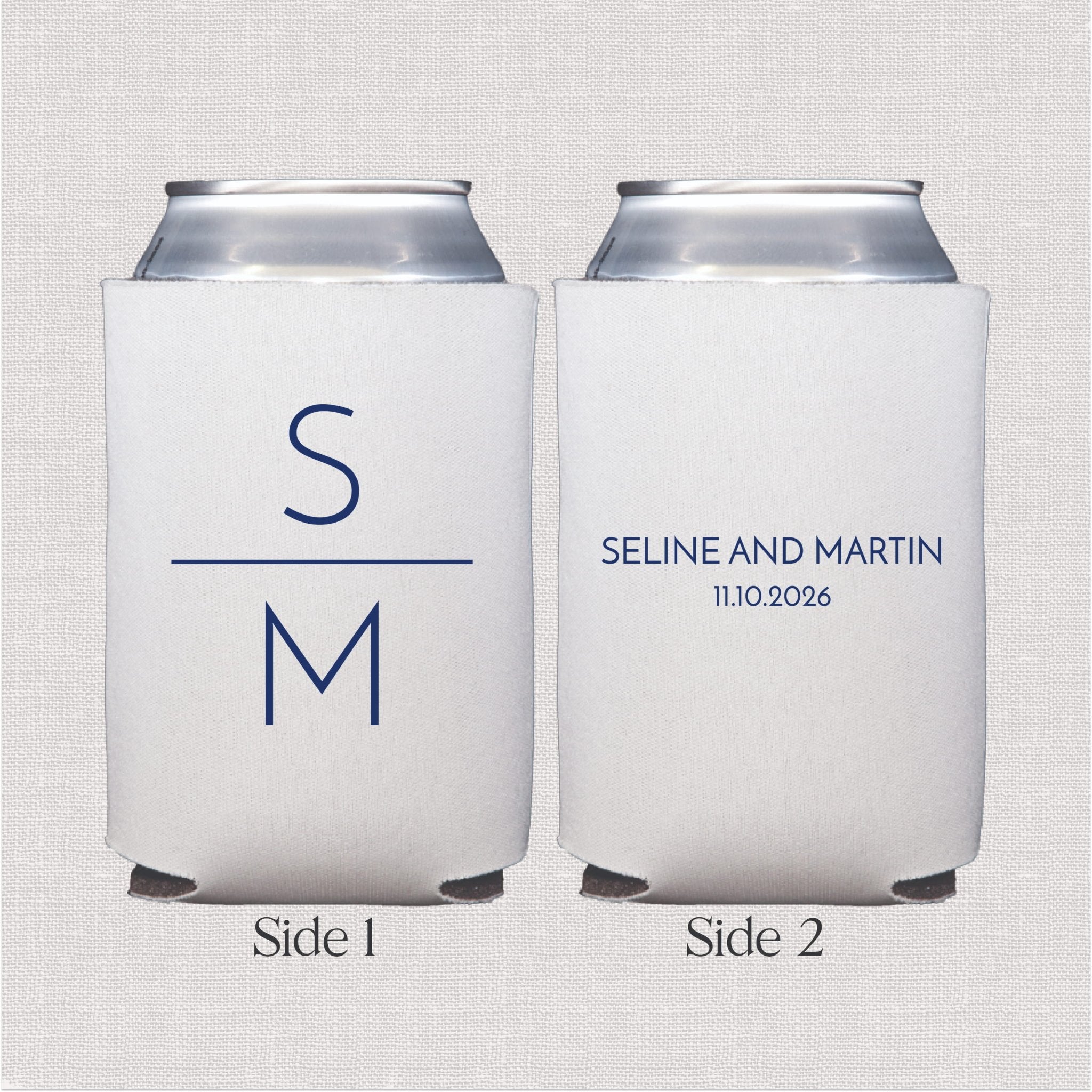 White can cooler with navy monogram design and personalized wedding text on reverse side