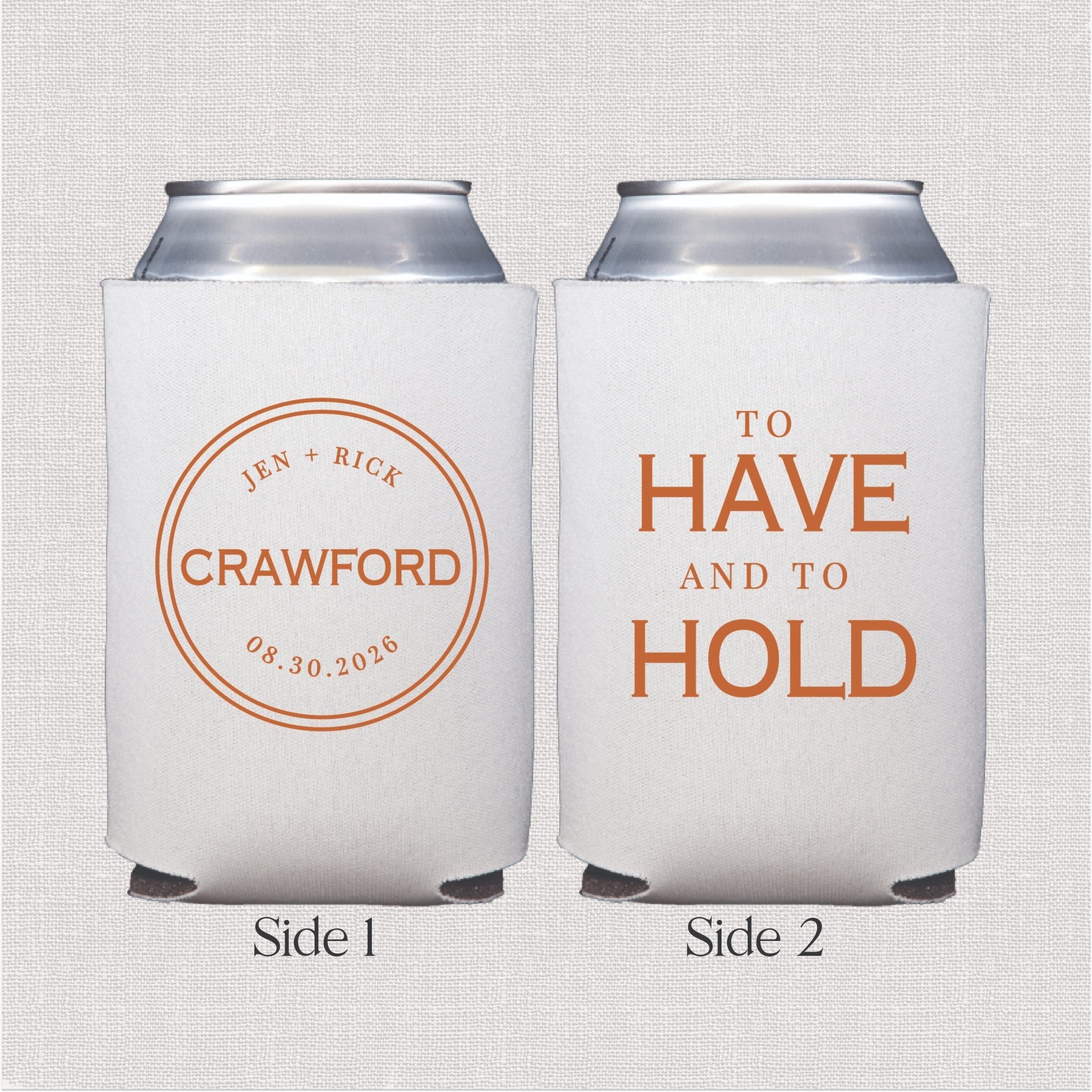 White can cooler with coral circular monogram design on one side and personalized text wedding text on reverse side