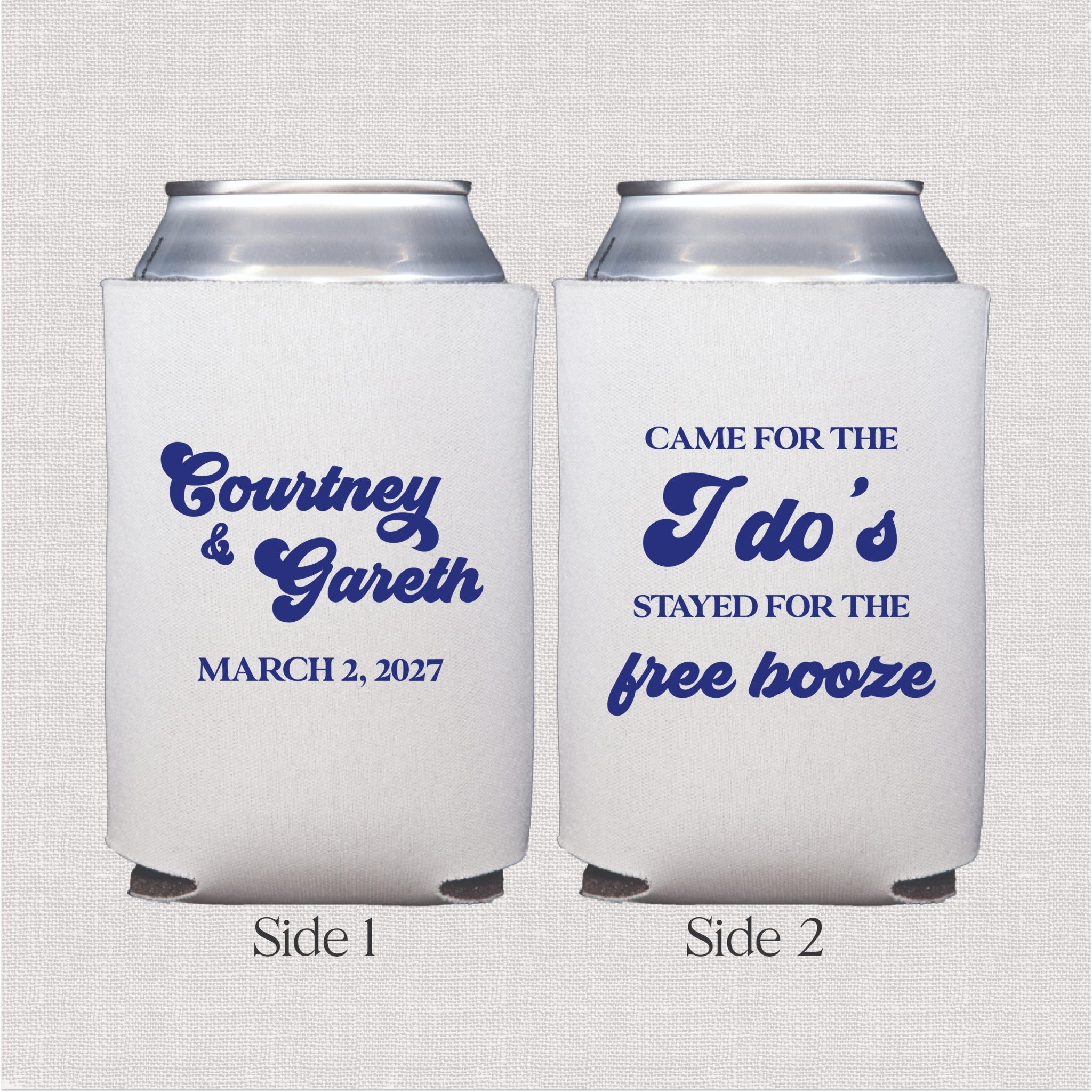 White can cooler with personalized wedding text and I do's saying in navy script print, two-sided design.