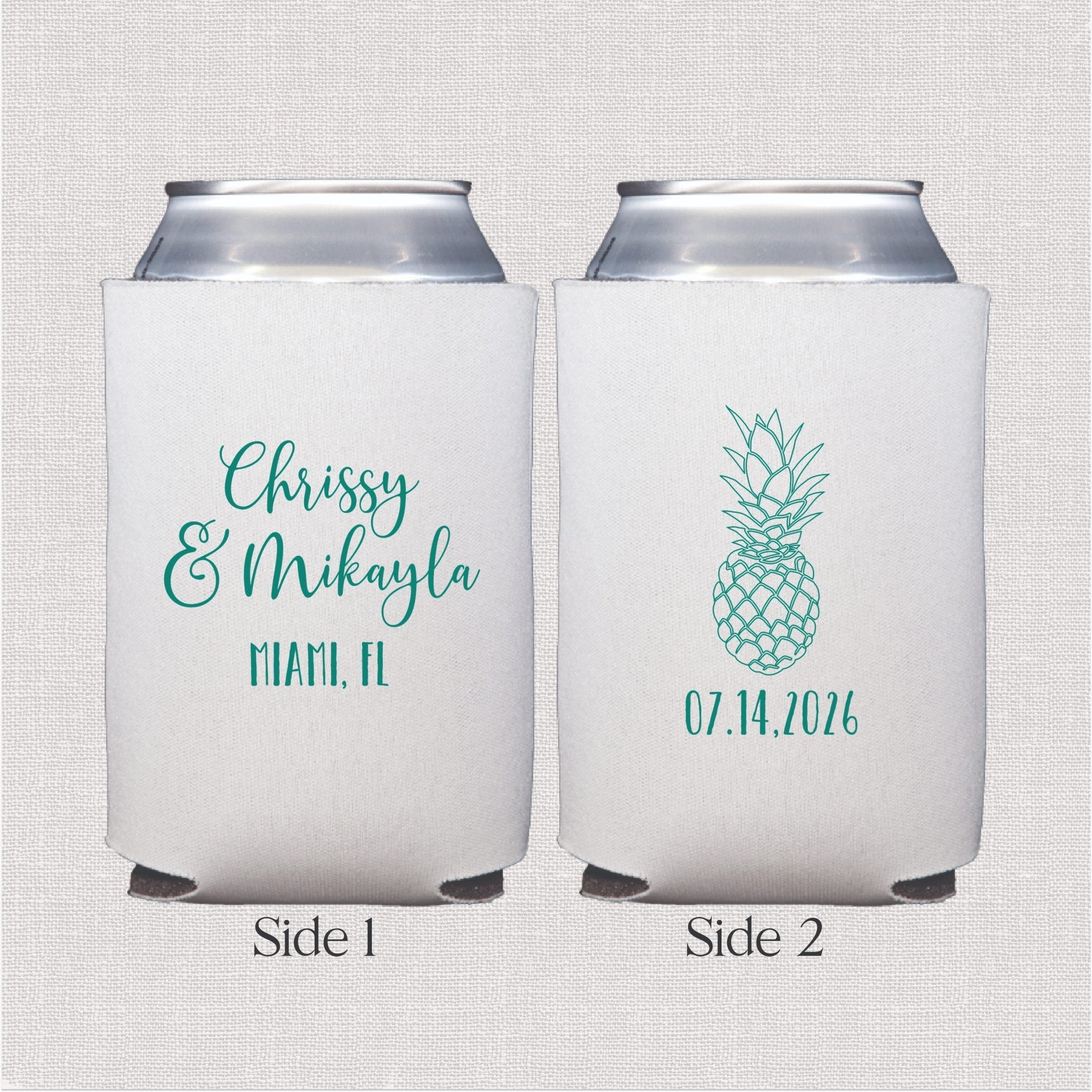 White can cooler with teal script text and pineapple design on two sides for tropical wedding favors