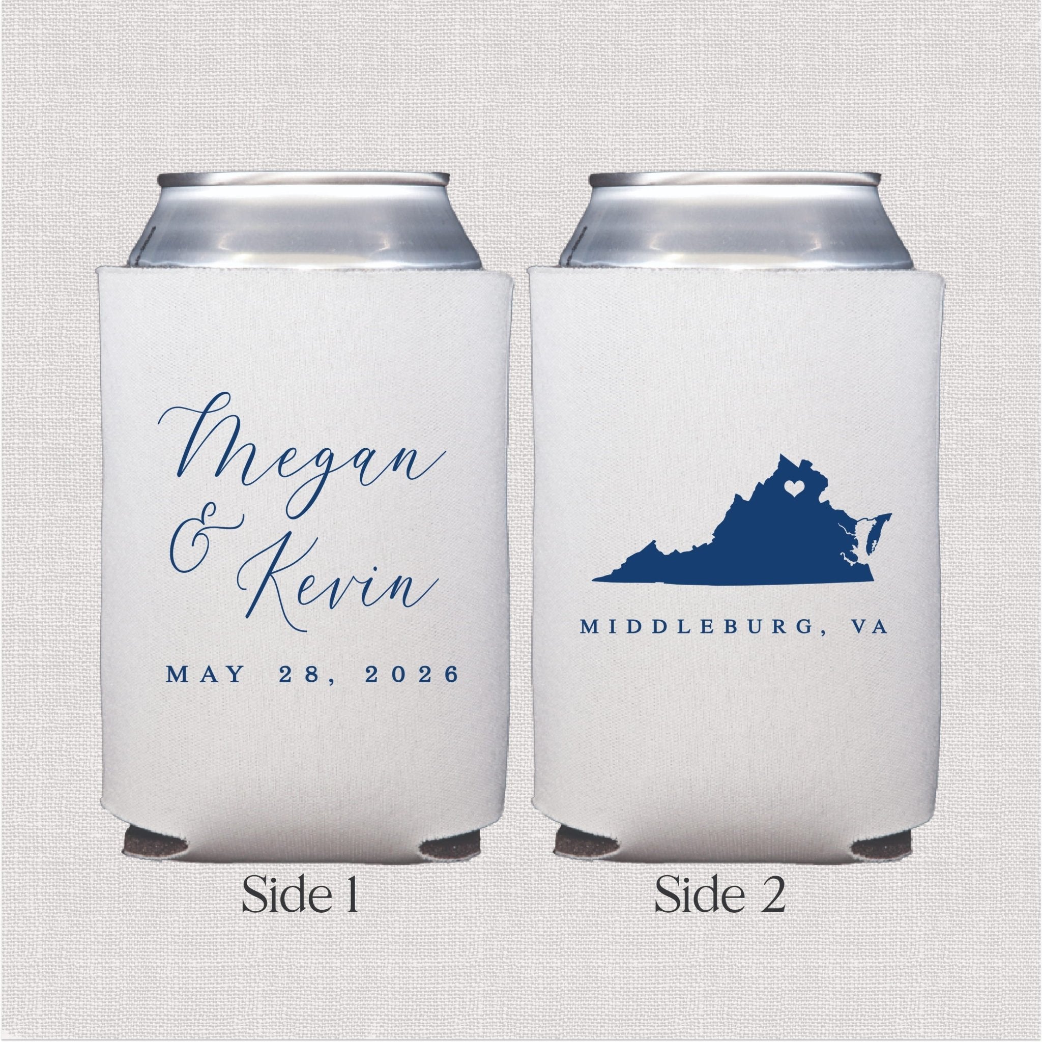 White can cooler with personalized wedding text and state silhouette map design in navy blue script
