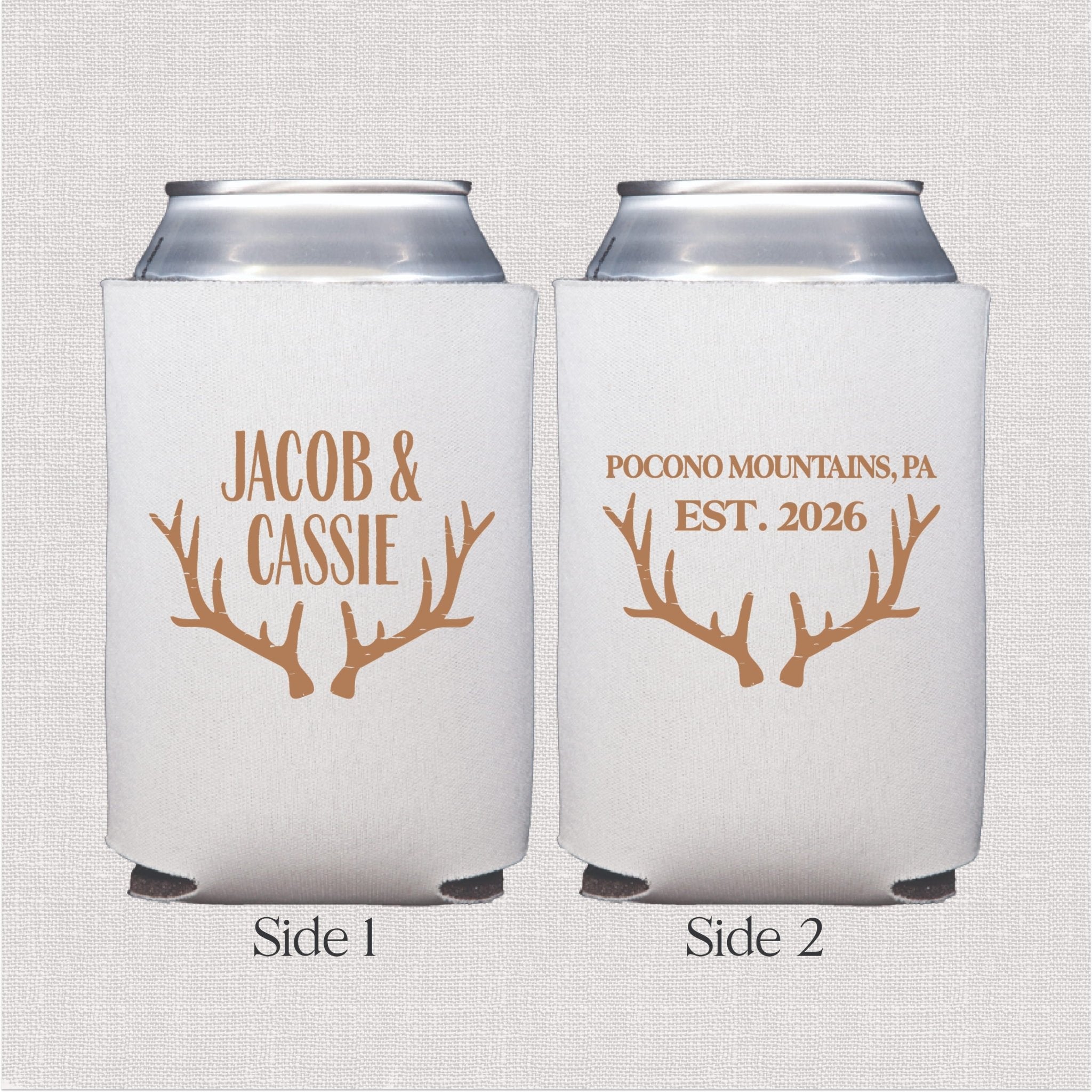 White can cooler with personalized couple names and antler design in tan foil print