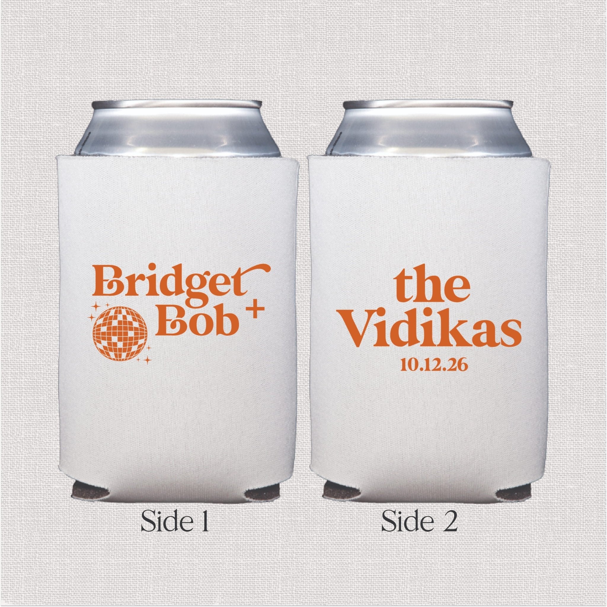 White can cooler with orange disco ball and personalized wedding text design
