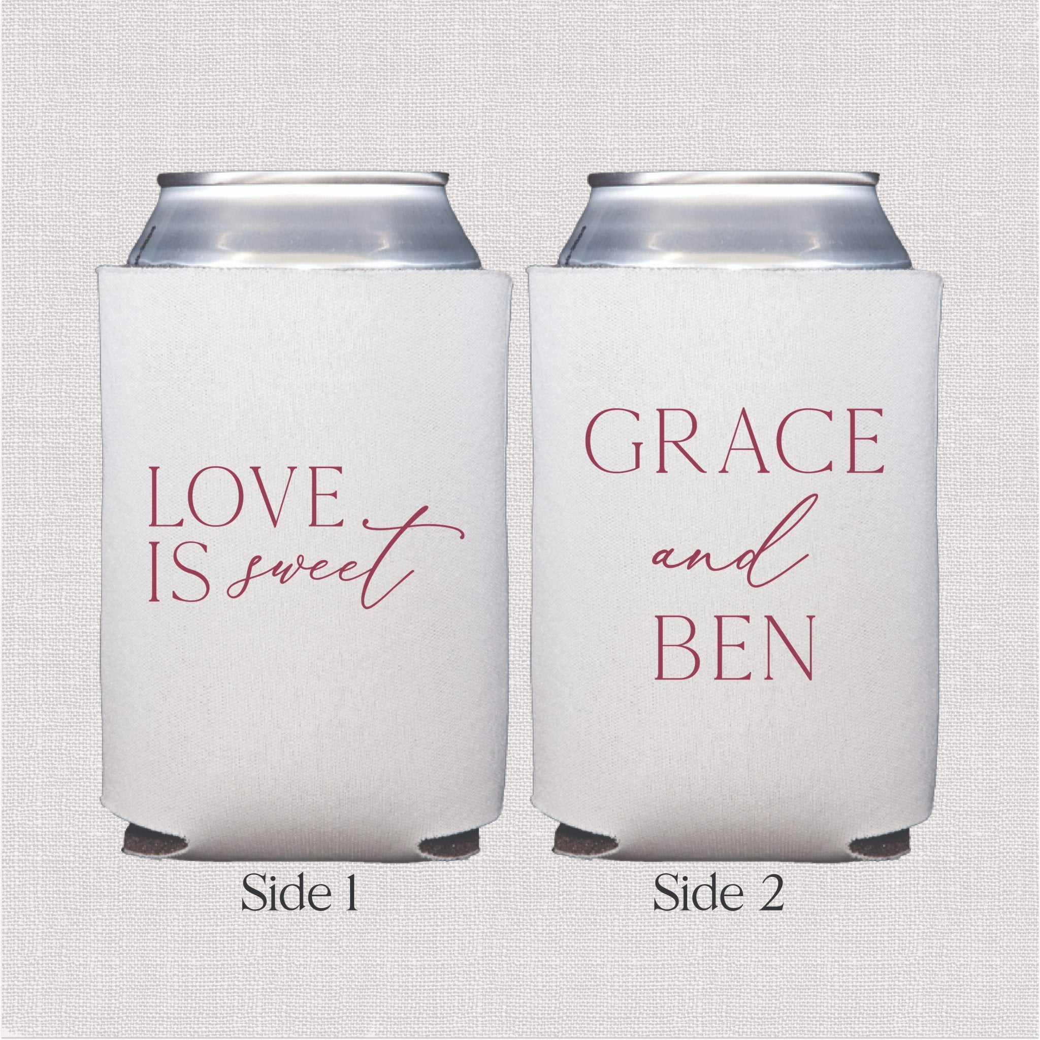 White can cooler with personalized wedding text in mauve script design, shown front and back