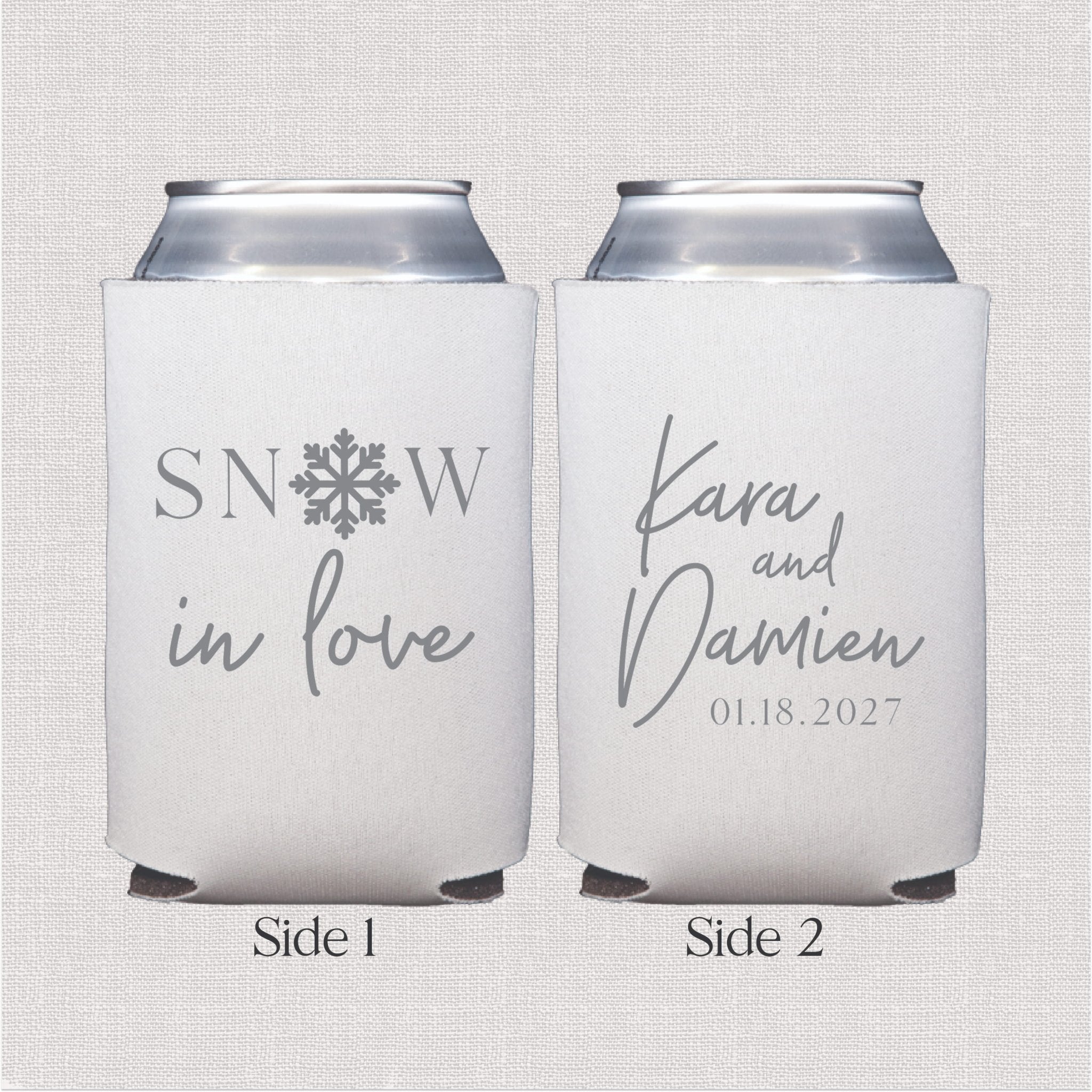 White can cooler with snowflake and script wedding text design, shown front and back