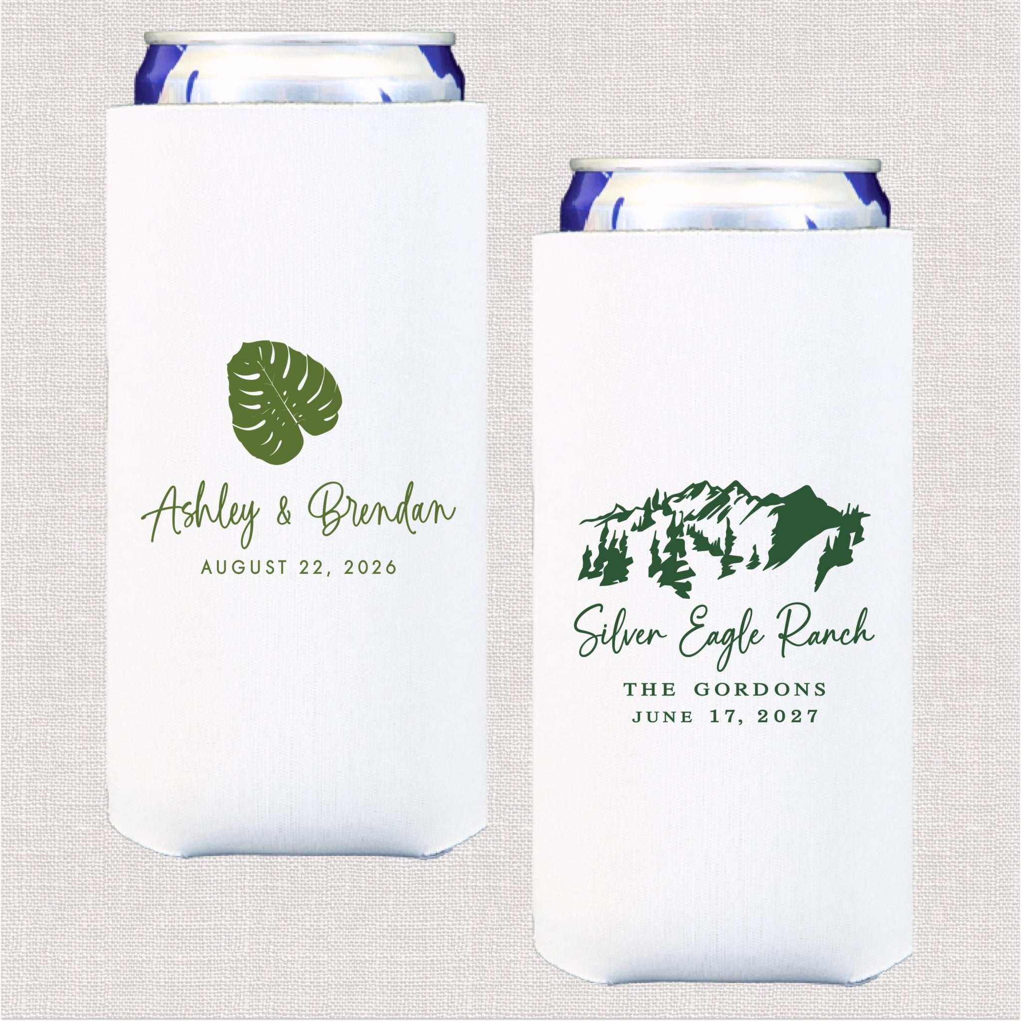 White slim can cooler with sage green monstera leaf and mountain landscape designs with personalized wedding text
