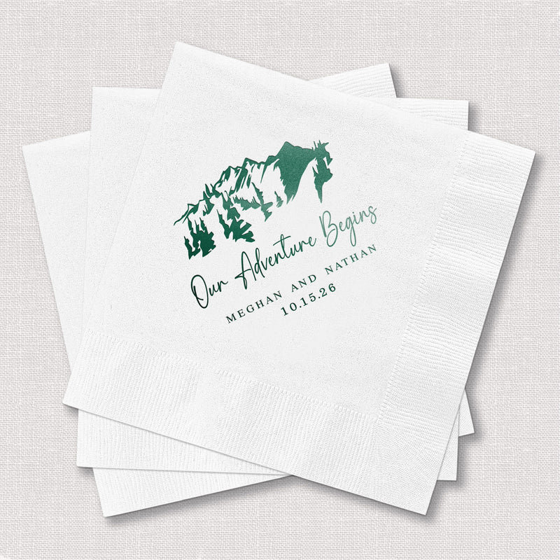 Our Adventure Begins Wedding Napkins - Mountains