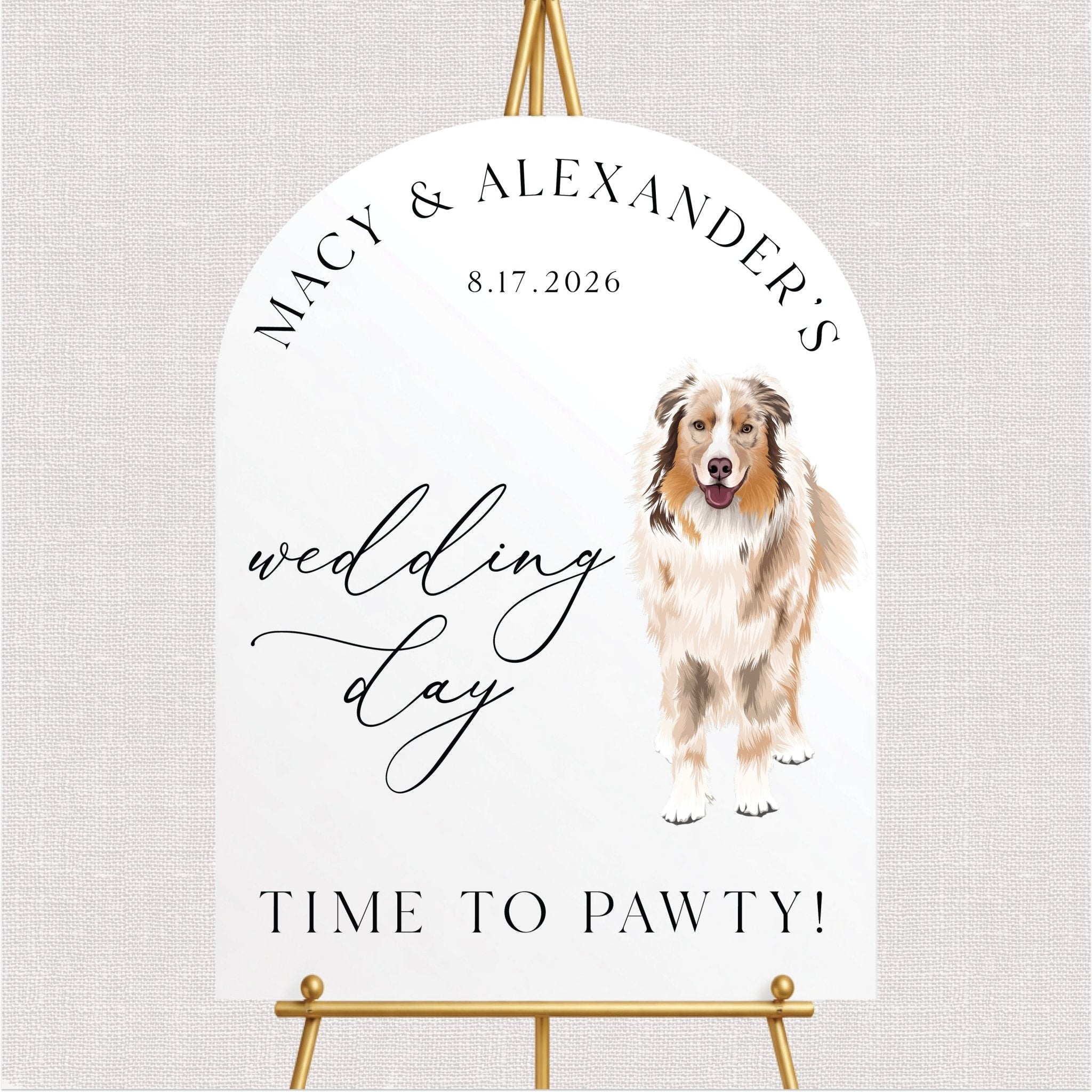 White wedding welcome sign with illustrated dog portrait and personalized couple text