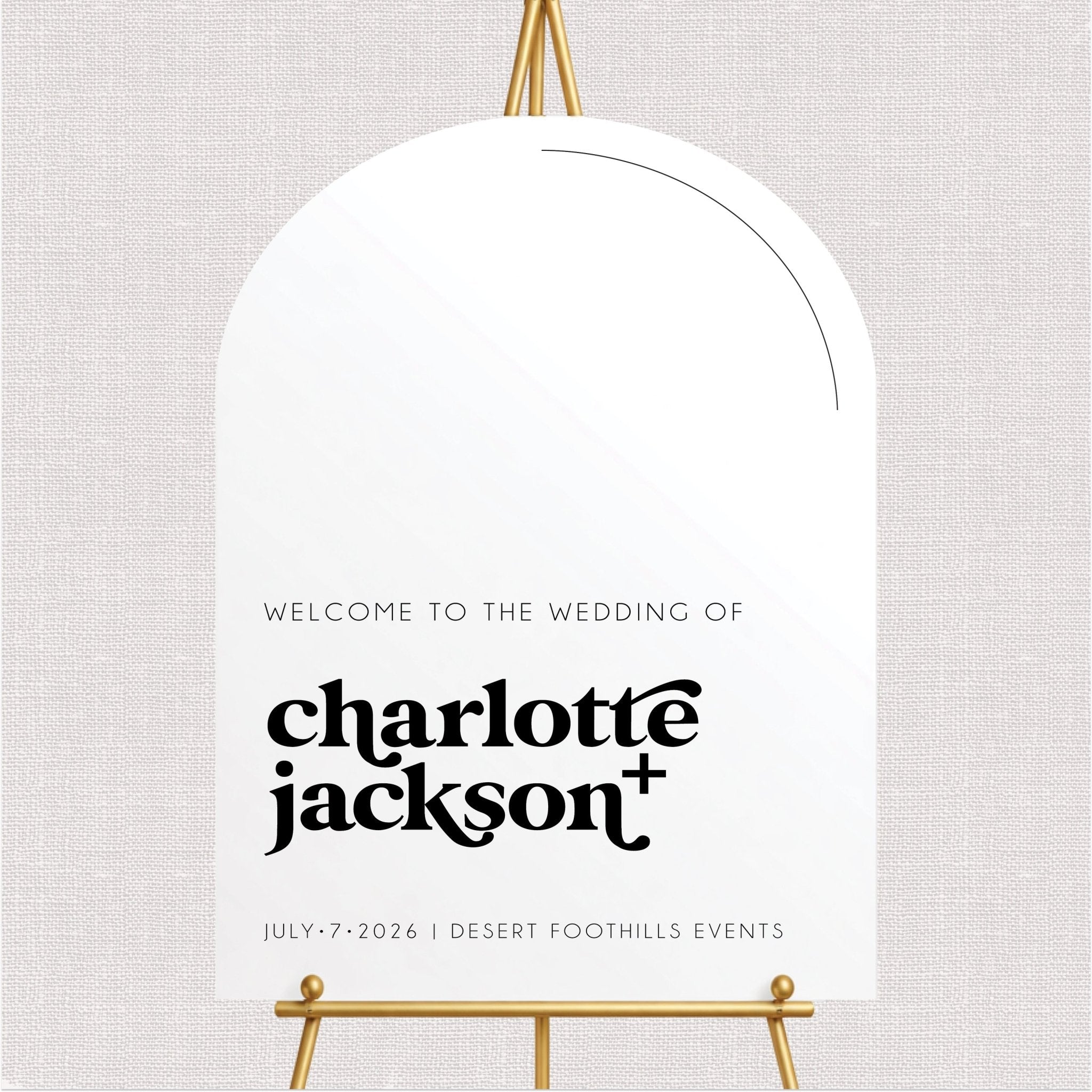 White welcome wedding sign with personalized couple text and wedding date in modern black typography