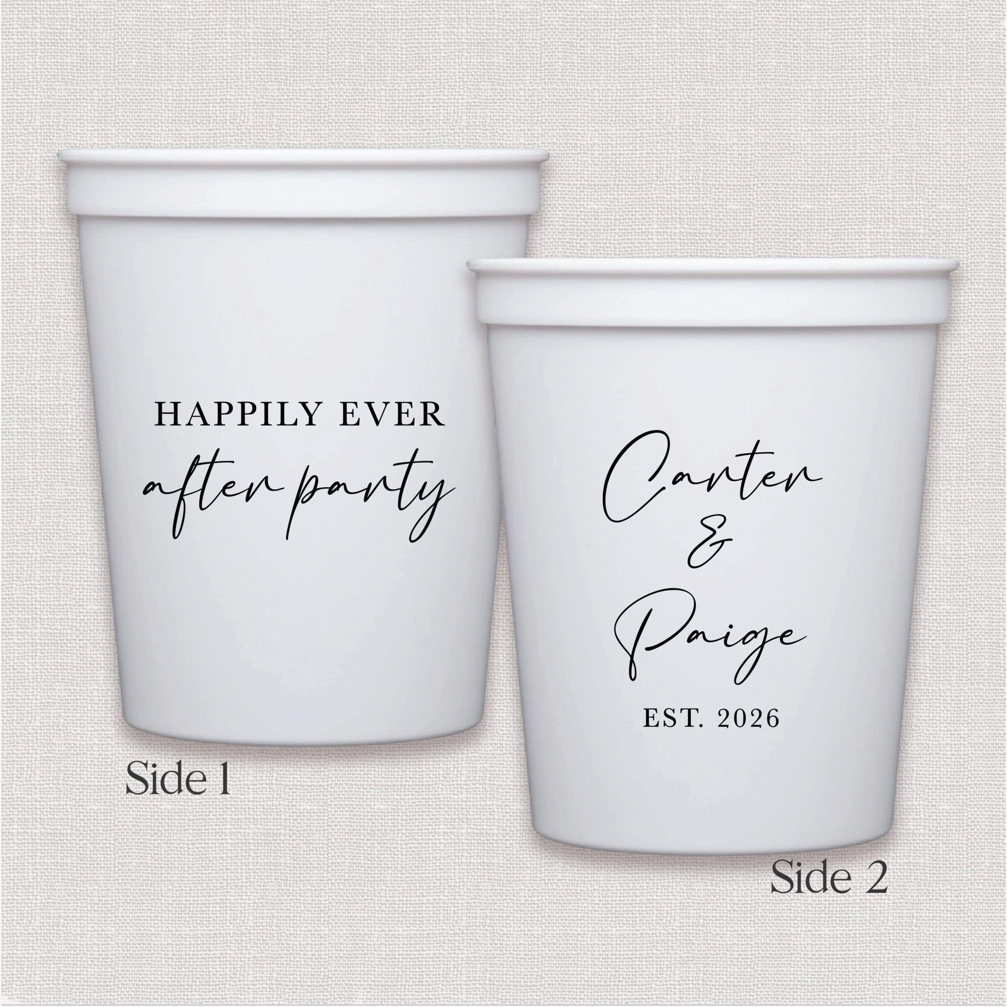 White stadium cup with personalized text and personalized couple text in script design