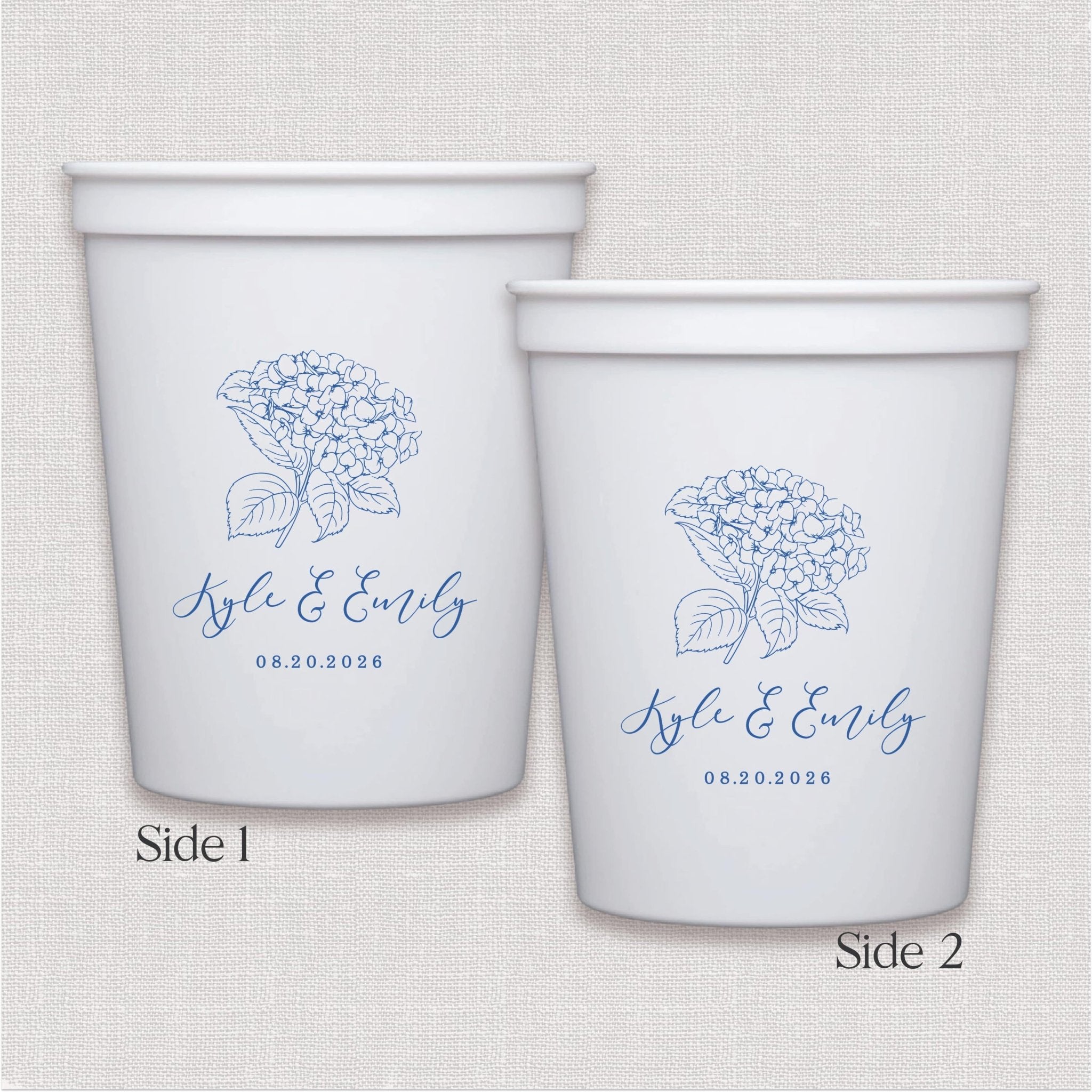 White stadium cup with blue hydrangea line drawing and personalized wedding text