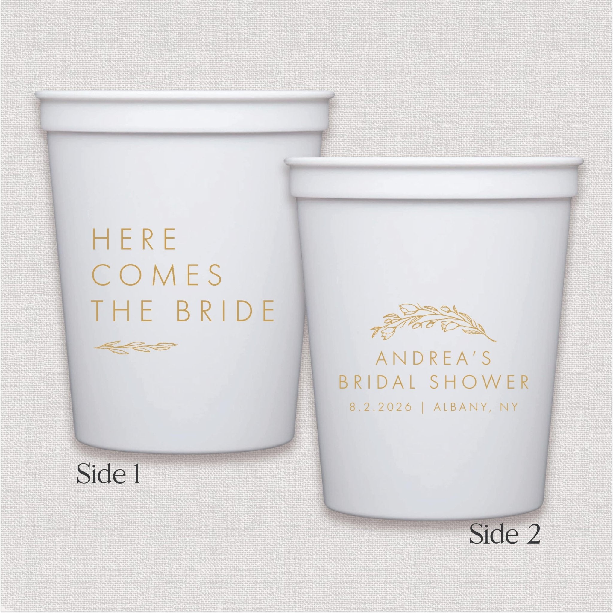 White stadium cup with rose gold personalized text text and floral wreath design