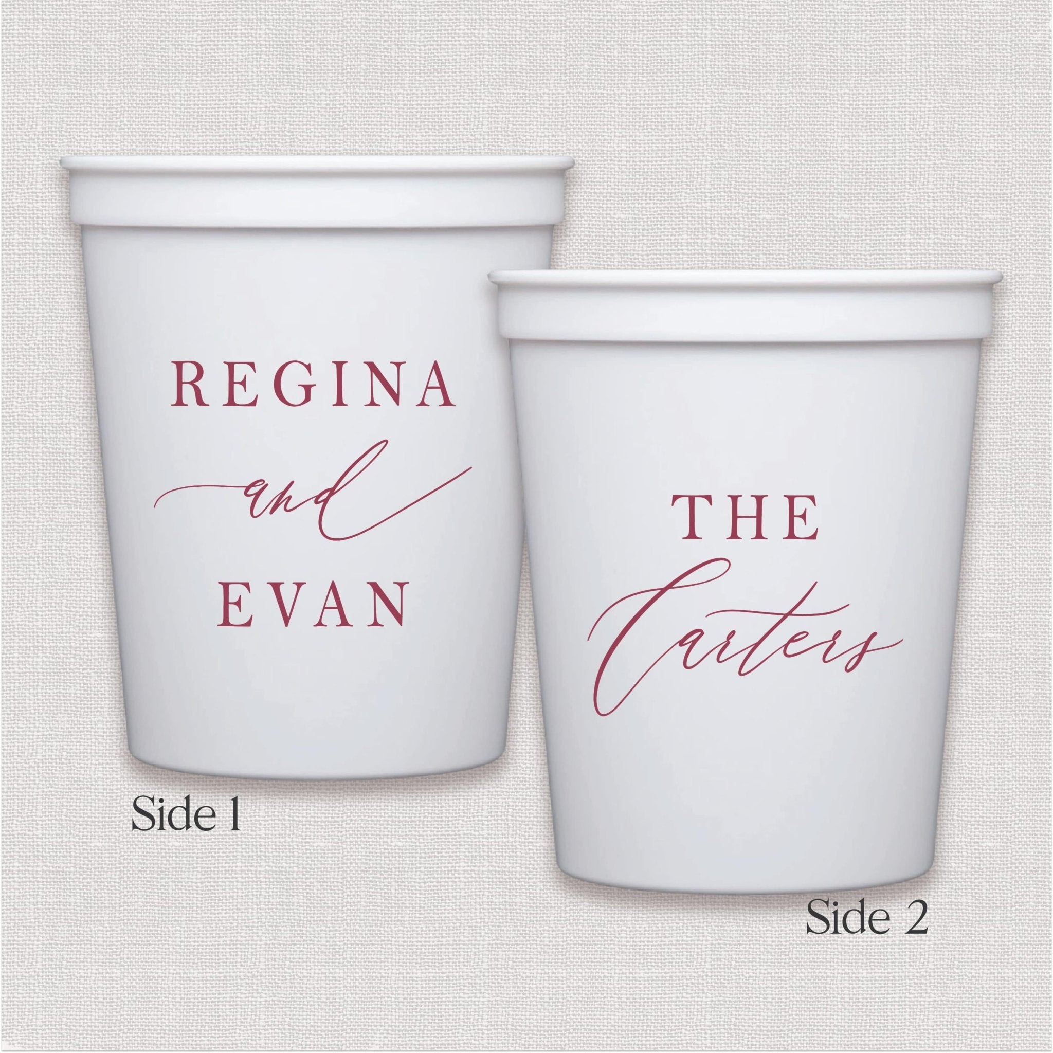 White stadium cup with personalized wedding text in burgundy script design, two-sided print
