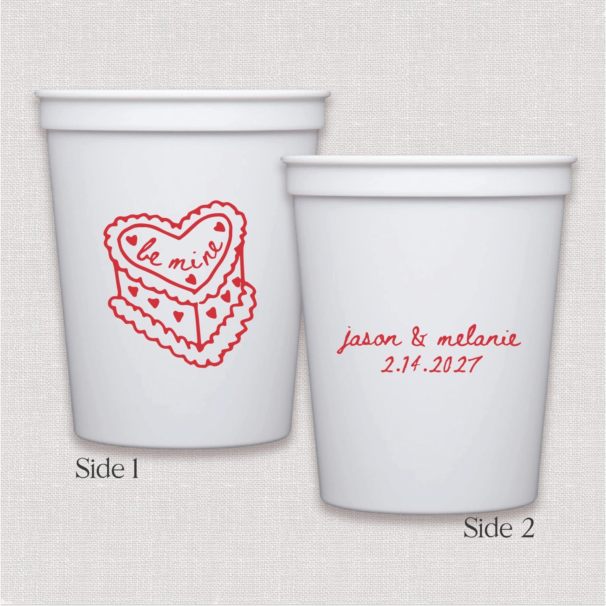 White stadium cup with red heart and personalized wedding text design