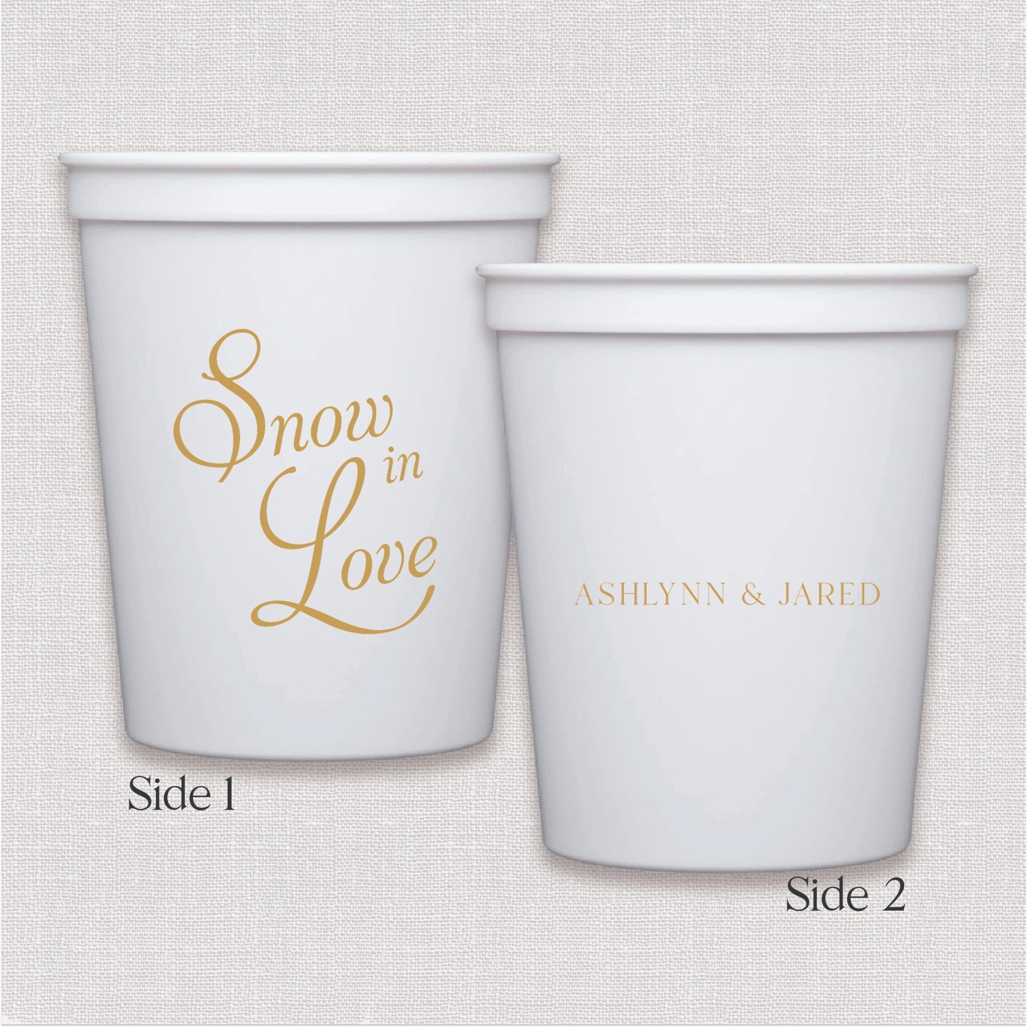 White stadium cups with gold personalized text script and personalized wedding text design